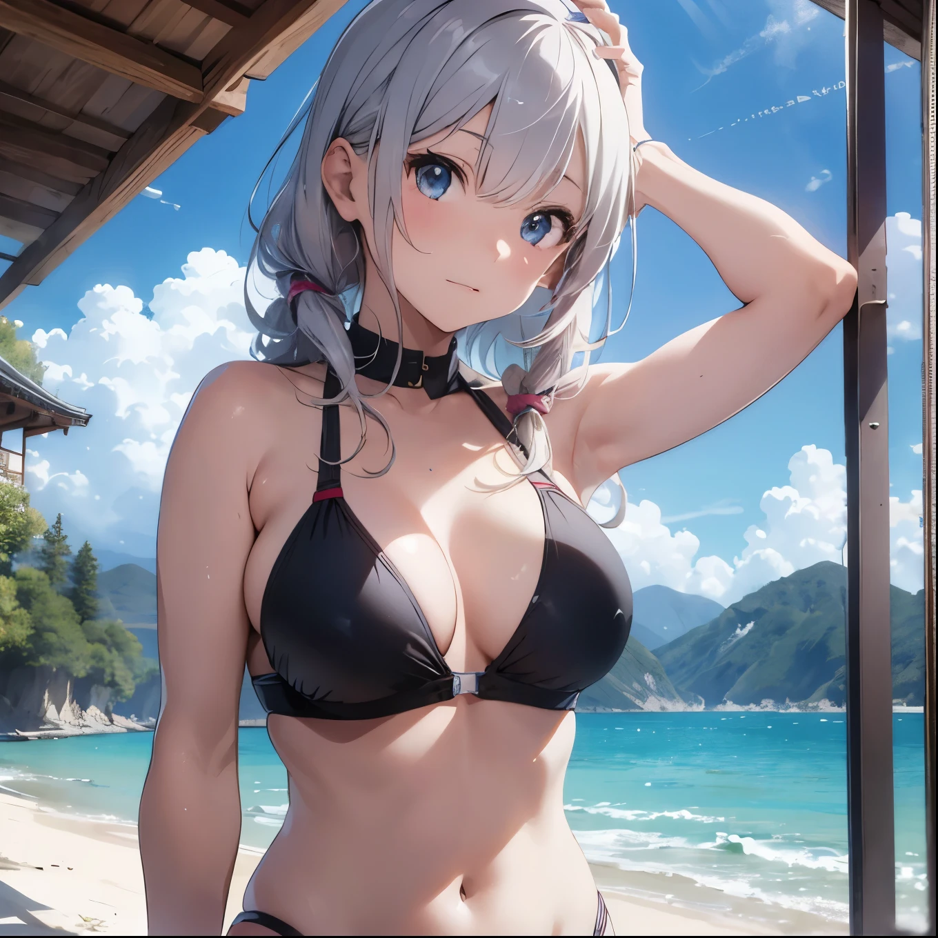 Silver-haired girl drawn in high resolution Japanese anime style、whole body、Women in blue bikinis taking photos on a deserted beach, Bikini Model, , A young and cute gravure idol, Posing together in bras, Russian and Japanese mix, sakimichan, Asian woman, Wear a swimsuit, that'that'that'that'that'that'that'that'that'that'that'that'that'that'that'that'that'It's hot with the shining sun, Japanese Model, Cute Core, sakimichan hdri, Young Gravure Idol, Chubby
