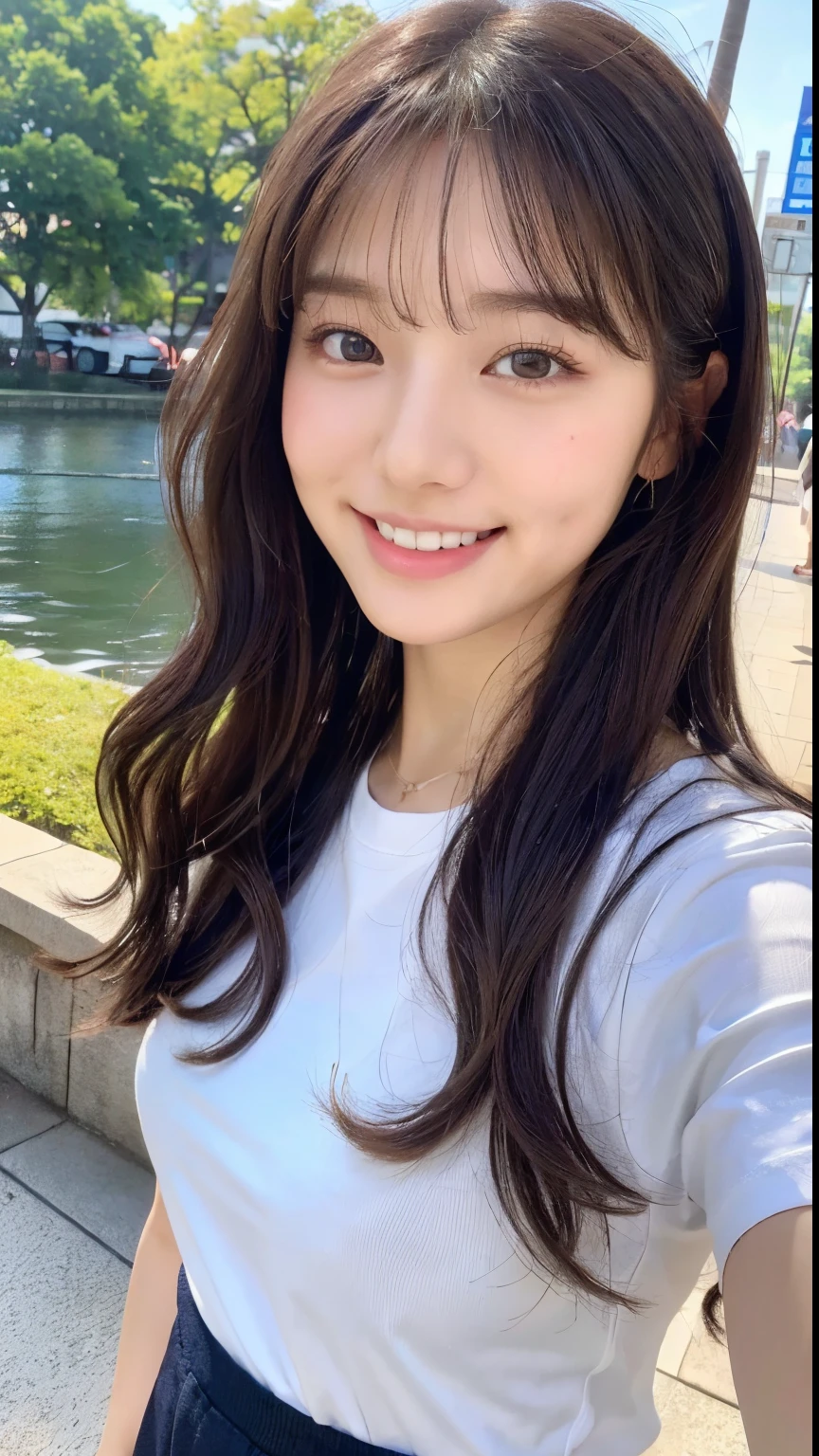 (8k、highest quality、masterpiece、超A high resolution、High resolution face:1.3)、Portrait、(20-year-old girl:1.3)、Bokeh Depth of Field、frontage、 The smile of a genius、Ultra-detailed、Ultra-high resolution、(Realistic、Realistic photos:1.37)、High-resolution RAW color photos、Professional photography、hVery detailed and beautiful、Very detailed、8k Picture Wallpaper、Amazingly detailed、Large file size、Official Art、HVery detailed CG Unity 8k wallpapers、hVery detailed beautiful girl、Very detailed顔、Very detailed目、Very detailed皮膚、Very detailed指、hVery detailed nose、Very detailed口、Perfect Anatomy、HVery detailed clothing、1 girl、(18:1.2)、Teen、cute、Famous Japanese Idols、cute、Realistic body、、White skin、Glowing Skin、The body is slim、Handsome body、Brown haired、(Blunt bangs:1.2)、Classic wavy long hair、 (Hmph:1.3),Laughter、cute、Zola々right、cute faces、A vivid face、Delicate eyes、Source Order、White T-shirt、Skirt、Looking into the camera、Cowboy Shot、Along the River、Positive、Contrapo、public