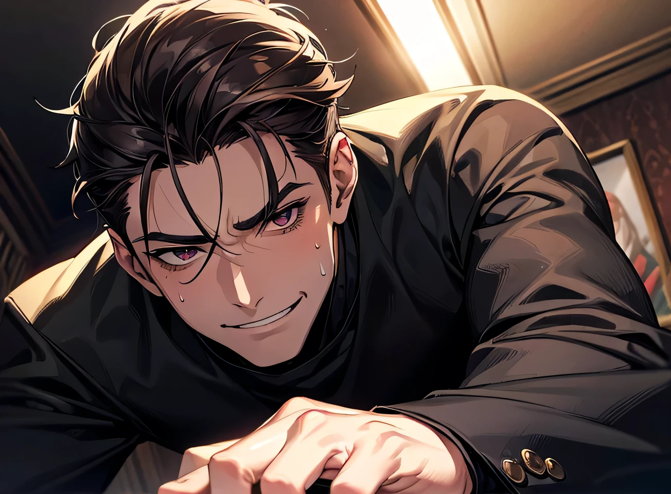 (Dark Room)、Moon night,Dynamic Angle,masterpiece,Face close-up,Angle from below,male,Muscular, 45 years old,(male1 person)、Old man,A slightly aged face,alone,Adult,Rin々Funny face,Sharp Eye,Evil smile brown hair,all back,Kakiage,Black Suit,Black turtleneck,No ribbon,sweating,,smile,An inappropriate smile,Background mansion room,night,