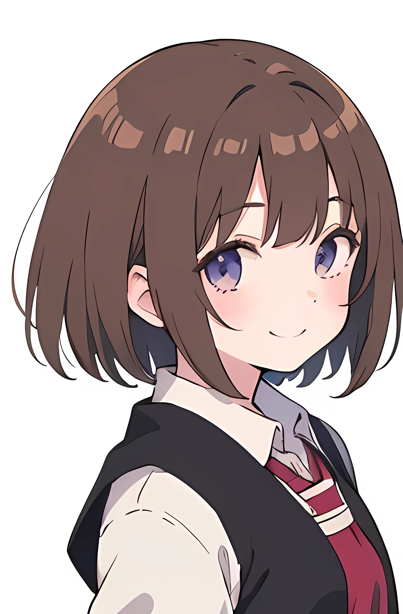 1girl, anime_coloring, black_eyes, brown_hair, short_hair, smile, solo, style_parody,