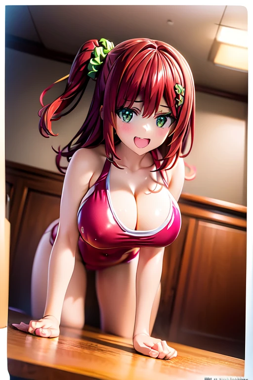 highest quality, masterpiece, Highly detailed CG, Official Art , Professional Lighting, (sakimiyairuka), One side up, Green scrunchie, hair ornaments, Redhead, Green Eyes, Perfect Face, Glowing Skin, between legs,(leotard), locker room