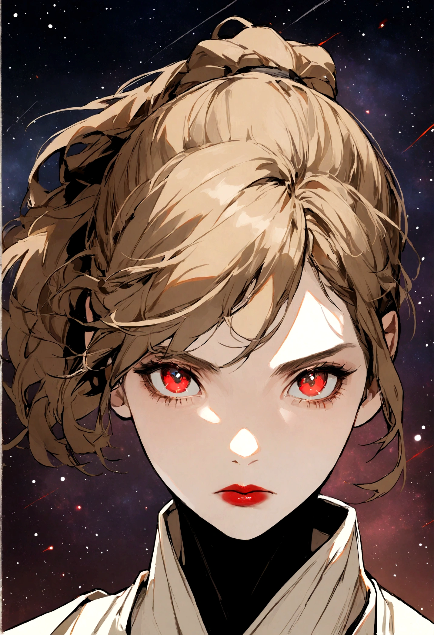 1girl, portrait, soft face, dark blonde, light brown hair, (ponytail hair), red lips, red eyes, black eyeliner, jedi, sith, stars background, space background, closed mouth, serious, front view