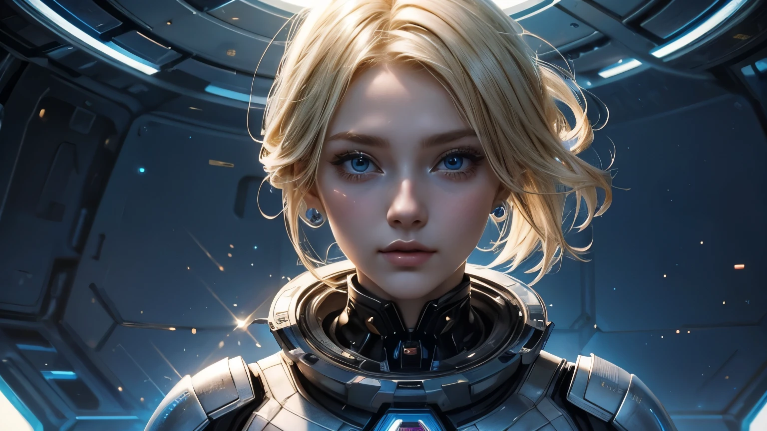 Upper body close-up image。One beautiful woman。Very cute woman。Blonde hair and blue eyes。Twenty years old。Detailed drawing of faces。She is dressed in a futuristic outfit。The underground world spreads out in the space behind her.。It's a world illuminated by the light of a red artificial sun.、Futuristic urban。