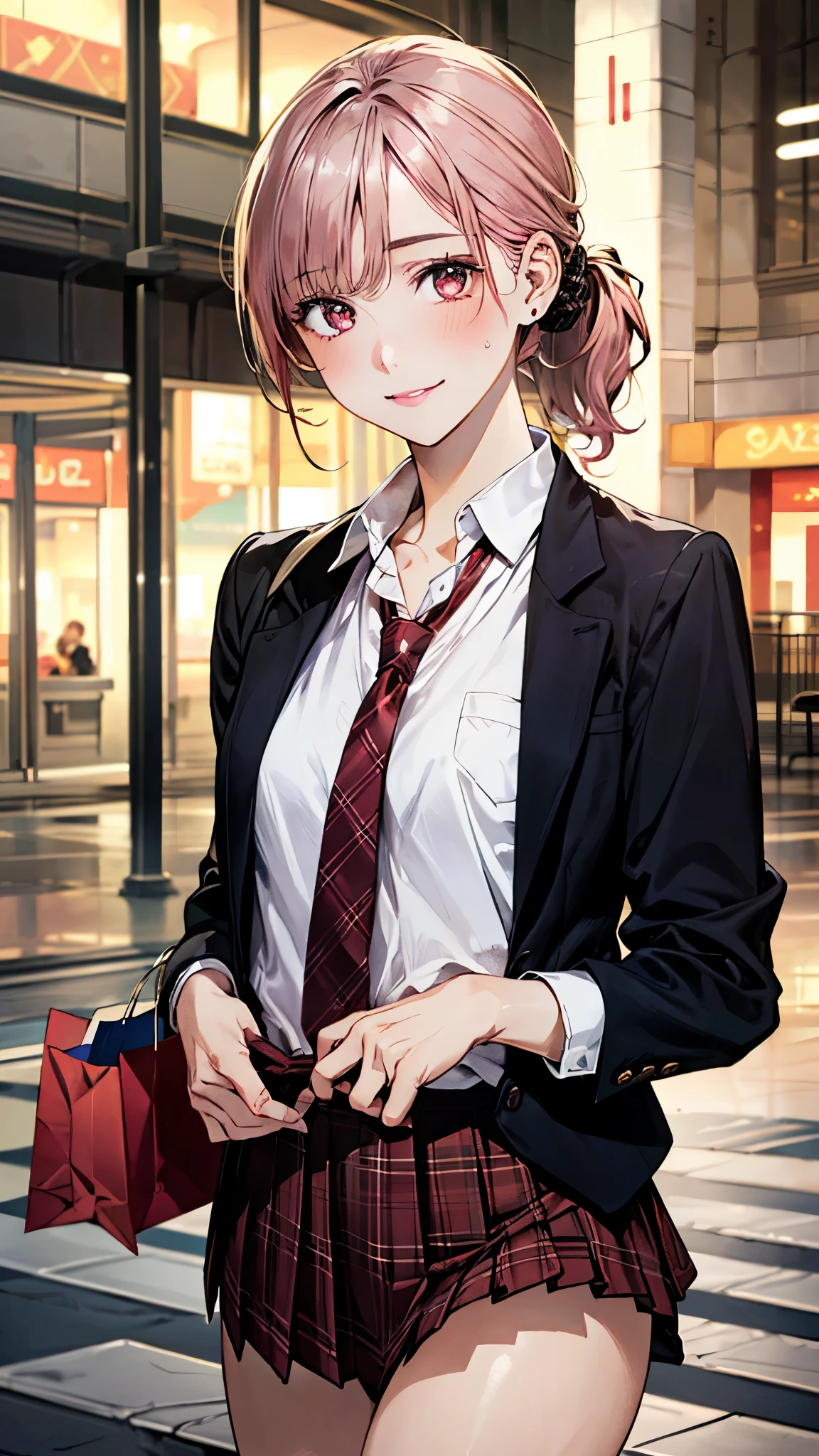 (masterpiece:1.3, top-quality, ultra high res, ultra detailed), (realistic, photorealistic:1.4), beautiful illustration, perfect lighting, natural lighting, colorful, depth of fields, ,
beautiful detailed hair, beautiful detailed face, beautiful detailed eyes, beautiful clavicle, beautiful body, beautiful chest, beautiful thigh, beautiful legs, beautiful fingers, shiny skin,
looking at viewer, 1 girl, high school girl, (perfect anatomy, anatomically correct, super detailed skin), cute and symmetrical face, babyface, perfect face, perfect eyes, slender,
(short hair, low ponytail, pink hair), bangs, light brown eyes, slant eyes, long eye lasher, (medium breasts, seductive thighs),
((black blazer, white collared shirt, white shirt, red plaid pleated skirt, pink tie)), ,
(beautiful scenery), morning, (inside shopping mall:1.2), walking, (lovely smile, upper eyes, open mouse small),
