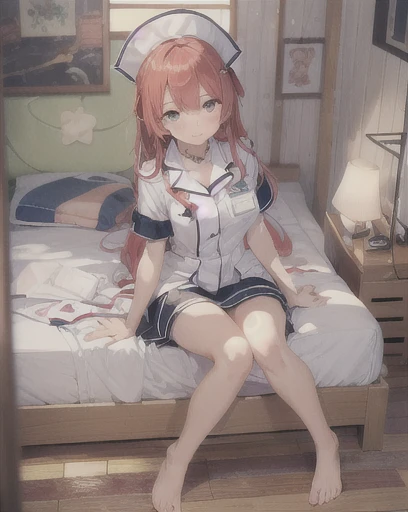 1 girl, Redhead, Facial hair, Red eyes, sexy、erotic、High Contrast、cute、highest quality, Very detailed, The most delicate and beautiful, High resolution, (highest quality,4K,8k,masterpiece:1.2)、Thighs、barefoot、Nurse uniform、Masturbation、黒いNurse uniform、Wooden Flooring、木製のbed、Bedroom、home、bed