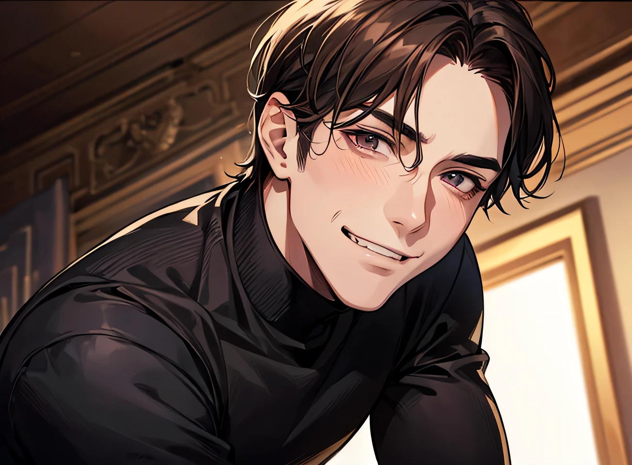 (Dark Room)、Moon night,Dynamic Angle,masterpiece,Face close-up,Angle from below,male,Muscular, 45 years old,(male1 person)、Old man,A slightly aged face,alone,Adult,Rin々Funny face,Sharp Eye,Evil smile brown hair,all back,Kakiage,Black Suit,Black turtleneck,No ribbon,sweating,,smile,An inappropriate smile,Background mansion room,night,