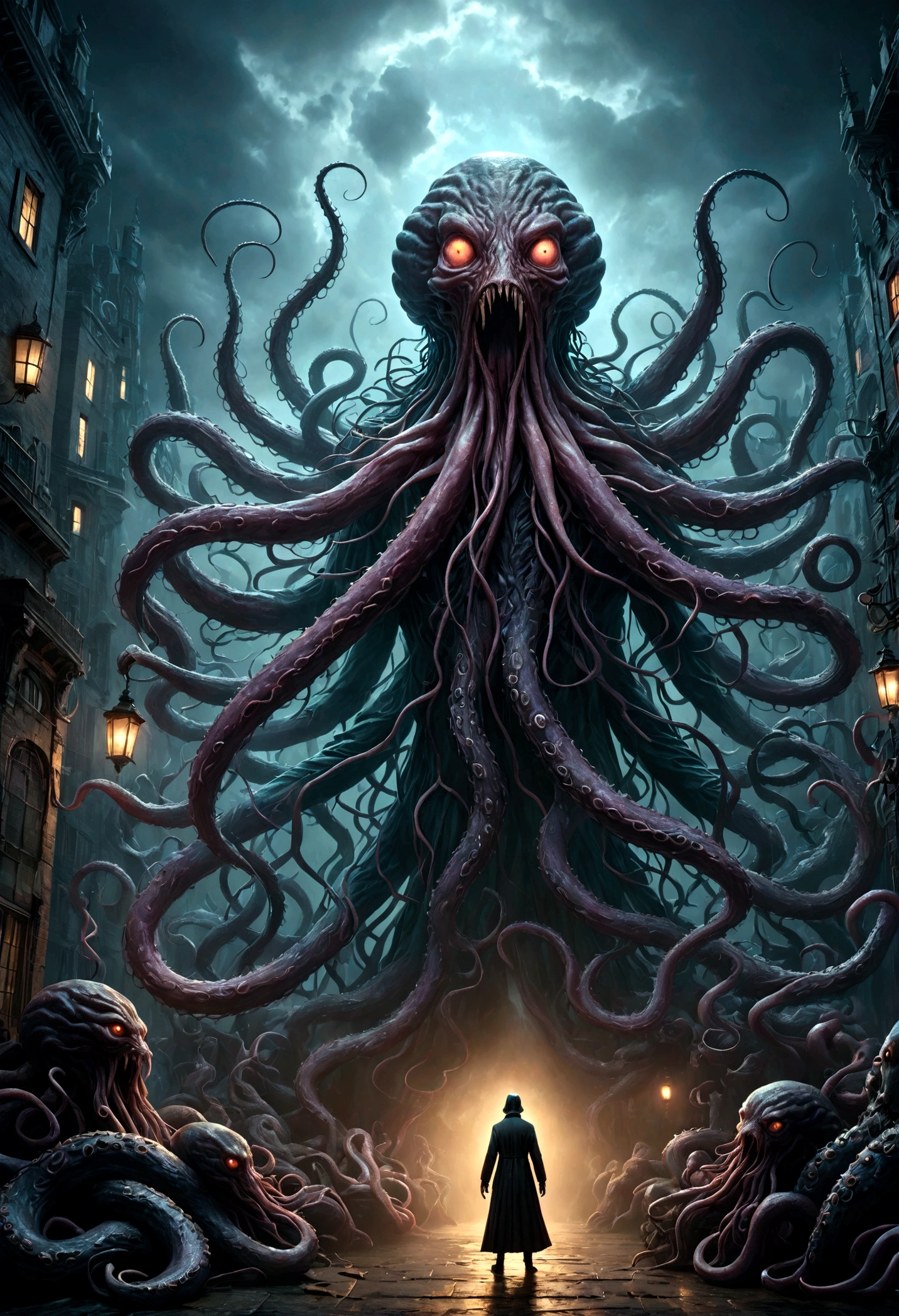 a cosmic horror creature with long tentacles, an ominous looming presence, divine and demonic symbolism, a merciless entity, (best quality,4k,8k,highres,masterpiece:1.2),ultra-detailed,(realistic,photorealistic,photo-realistic:1.37),dark fantasy,eldritch,surreal,chiaroscuro lighting,moody color palette,dramatic shadows,cinematic composition,ominous atmosphere