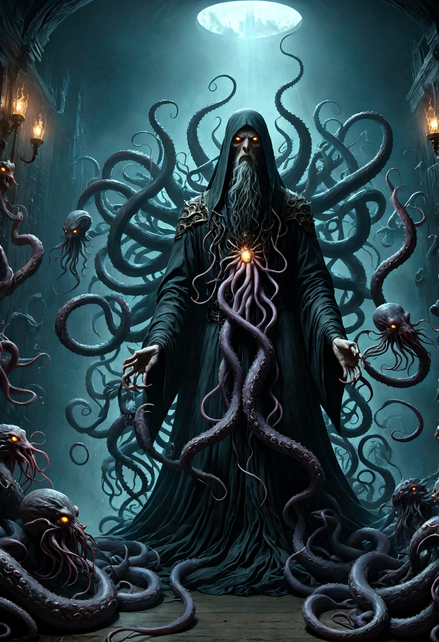 a cosmic horror creature with long tentacles, an ominous looming presence, divine and demonic symbolism, a merciless entity, (best quality,4k,8k,highres,masterpiece:1.2),ultra-detailed,(realistic,photorealistic,photo-realistic:1.37),dark fantasy,eldritch,surreal,chiaroscuro lighting,moody color palette,dramatic shadows,cinematic composition,ominous atmosphere