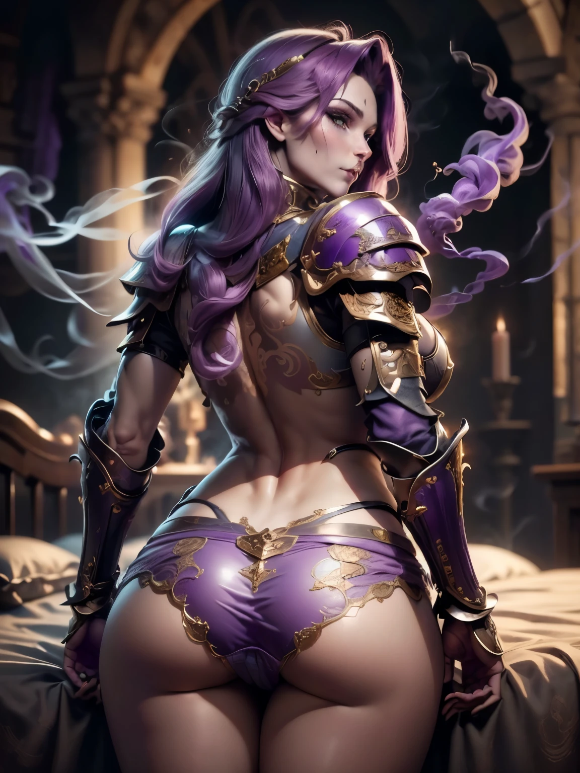 (Masterpiece, Superb Detail, Super Detailed, High Resolution), Male Focus, (((Female Armor))), (She Has Long Purple Hair, Medium Breasts, Slim, perfect body, beautiful face), look at viewer, (((purple panty))), (((smoke))), (((Turn back))), (((Show her butt))), (((On Skull Bed))), On Bed room, Background Details, Solo