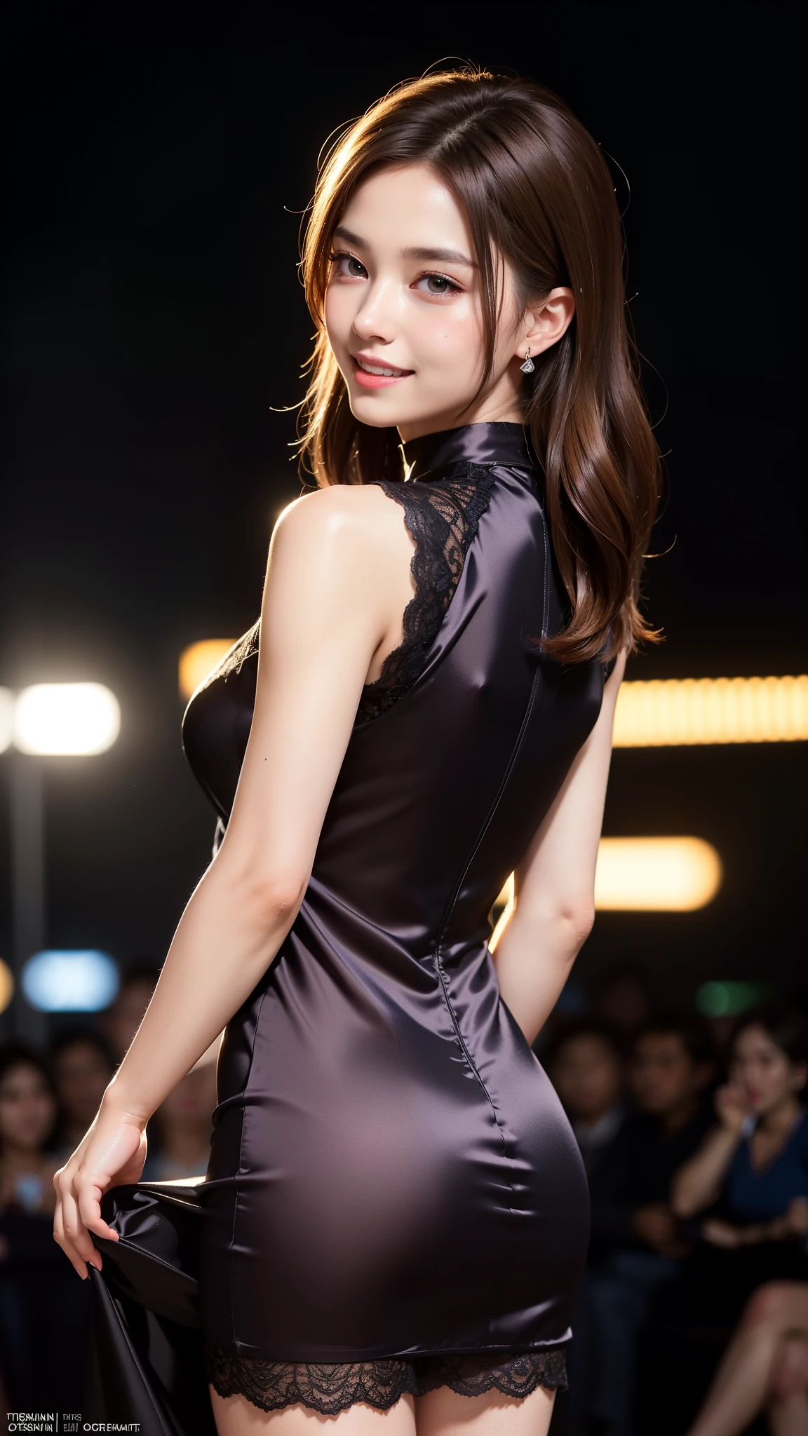 8K, masterpiece, RAW photos, best quality, Reality, extremely detailed CG unity 8K wallpaper, Depth of Field, light, lens flare, Ray tracing, (extremely beautiful face, Beautiful lips, beautiful eyes), intricate detail face, ((Ultra-delicate skin)) 1 Girl, in the darkness, Deep Shadows, Beautiful Korean girl, Korean Idol, 1 girl, (Very slim slender fit-muscled body:1.3), ((looking at the audience)),(A big smile:1.3), (Pink shirt), (Sleeveless) , (Fashionable city night scene, Night, (Neon), (Blurred background), fashion street night scene),(No people in the background:1.3), beautiful earrings, bracelet, necklace, Pantyhose, Clear eyes, walk, (Pale skin), (big eyes), Facing forward, ((Upper body shooting)), ((Silk dress:1.3)),(Brown hair),((tight fitting Lace dress)), (Lace dress), (see through), (looking at the audience:1.3) Open your heart, Very slim, Medium breasts, Look back,((Back)), see through, Medium butt