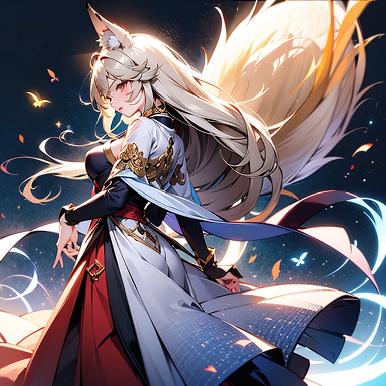 One Girl, Fox Girl, Fox&#39;s Tail, Nine-Tailed Fox,Fox Ears, Black colored hair, Fox Makeup,One Girl,  Kimono with open chest, Body size is 100-70-90!, Nice body, Avatar, face, Open chest, lewd face, Dominant representation, naughty face, Big Breasts, Emphasize cleavage,Show bare skin, Skin is visible, With legs apart, Show off your thighs, M-shaped legs, A beautifully patterned kimono,Red and black flowing water pattern kimono, I can see her cleavage, Muscular, Uplifting, Abdominal muscles, Exposed skin, Long Hair, Skin Texture, Soft breasts, Large Breasts, Standing in a grassy field, outside, Blue sky,Composition facing directly ahead, Grab your breasts with both hands, Fingers digging into breasts, Developmental atmosphere, god mysterious painting