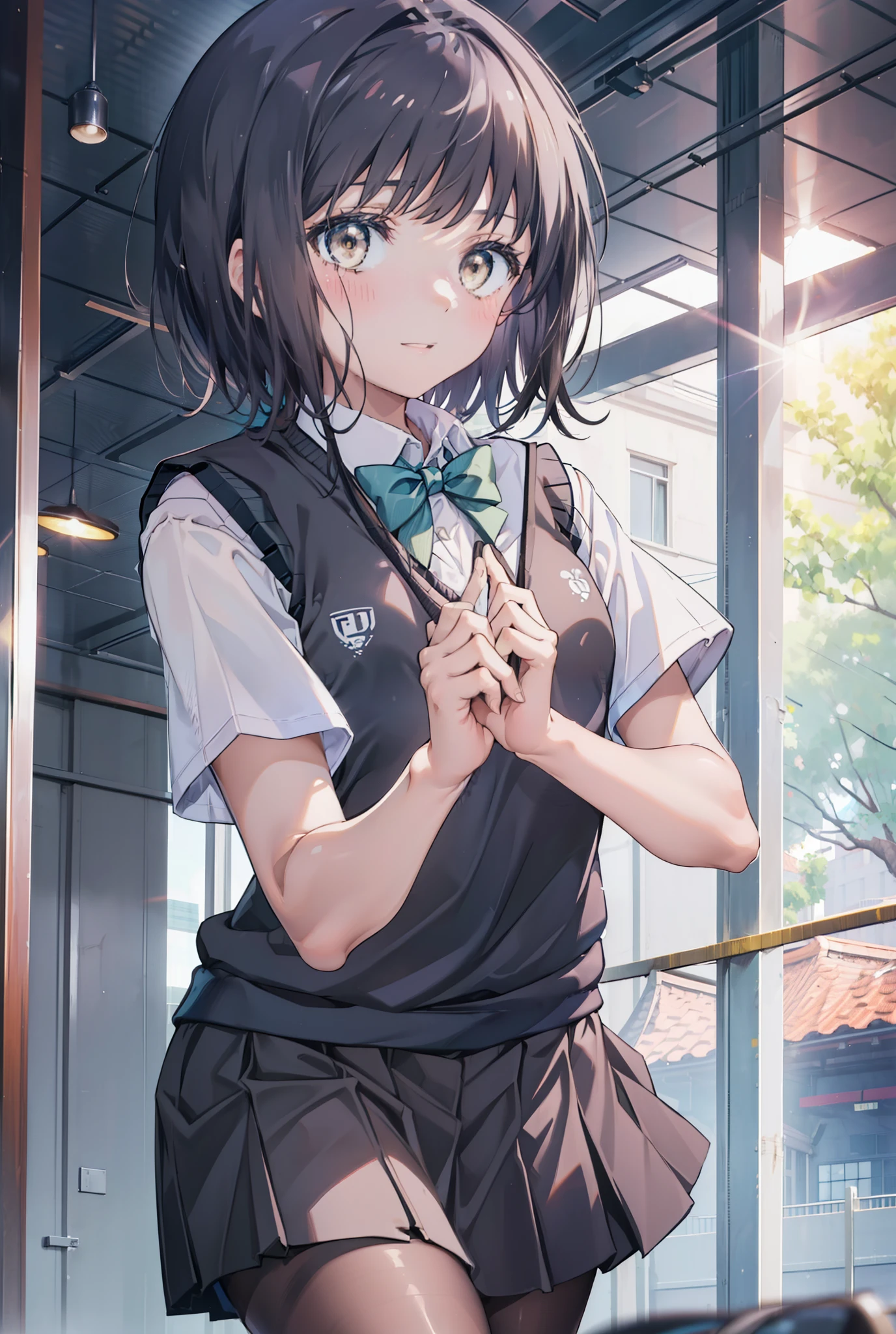 masterpiece, highest quality, Confused, Perfect Anatomy, 1 girl, alone, Itsuwa,short hair,Black Hair,Brown eyes,smile,blush,Open your mouth,Happy atmosphere,break skirt, shirt, bow, ribbon, , white shirt, Short sleeve, Pleated skirt, collared shirt, mini skirt, bowtie, 黒いloafers , Black Skirt, Black pantyhose, loafers, green bow, whole bodyがイラストに入るように, (blue sweater vest:1.5),evening,Sunset,The sun is setting,walking,break outdoors, Building district,
break looking at viewer, whole body,
break (masterpiece:1.2), highest quality, High resolution, unity 8k wallpaper, (figure:0.8), (Beautiful fine details:1.6), Highly detailed face, Perfect lighting, Highly detailed CG, (Perfect hands, Perfect Anatomy),