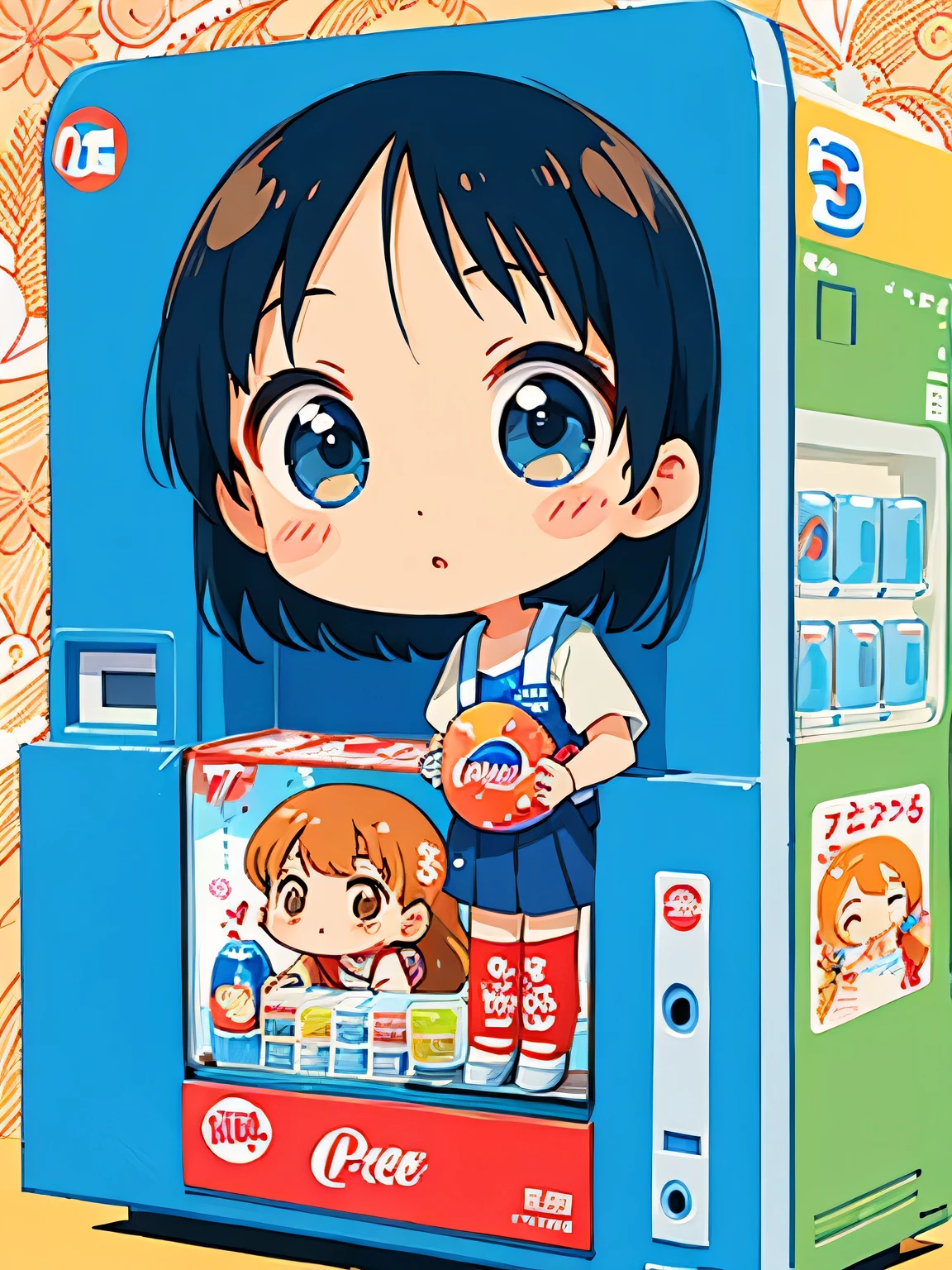 Hayao Mayazaki style, Kawaii Design, The most beautiful girl of all time、Chibi, drinking, Pepsi、vending machine