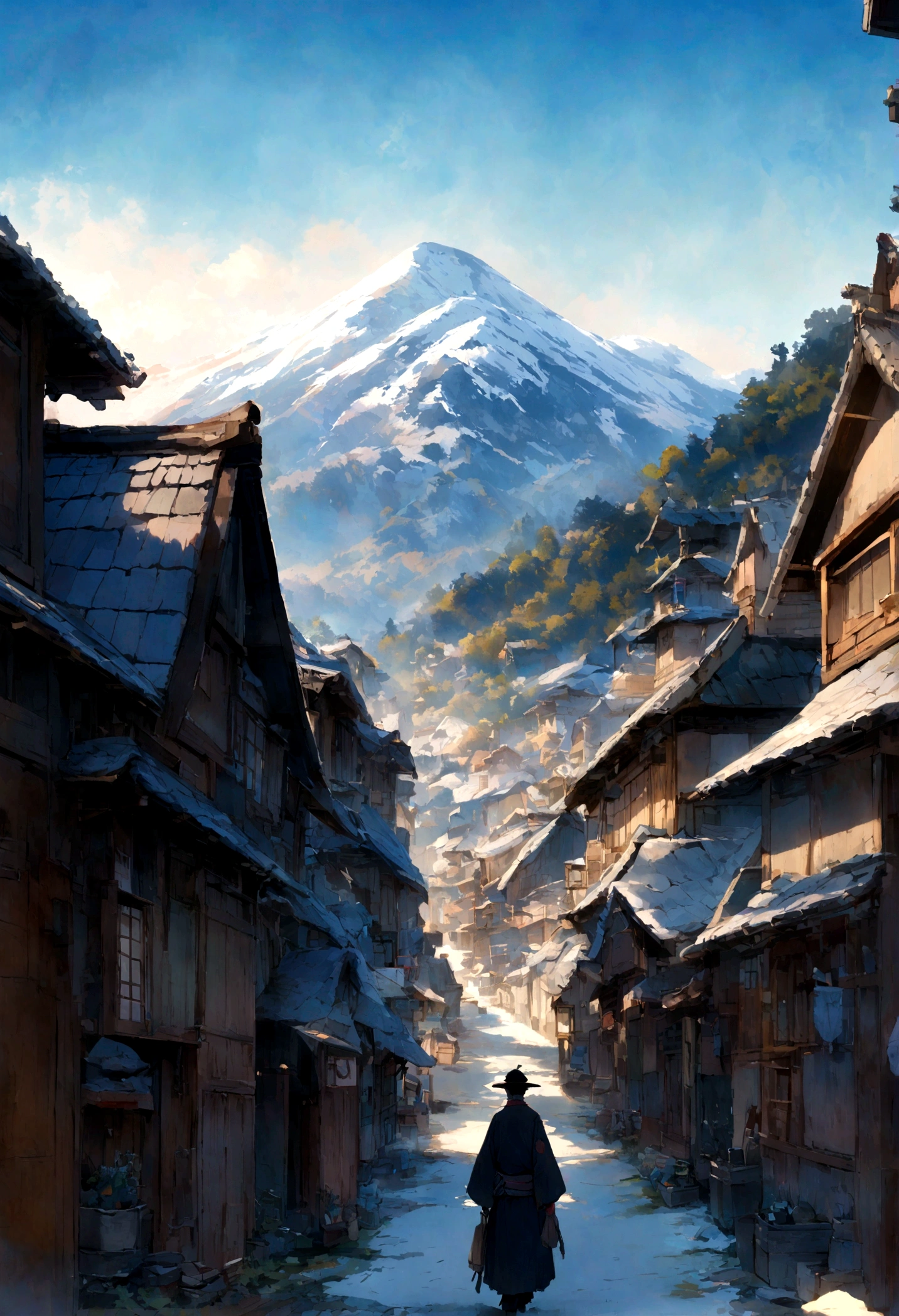 A ronin walking through a mountain village,Back view,The morning sun and blue sky cover the landscape.