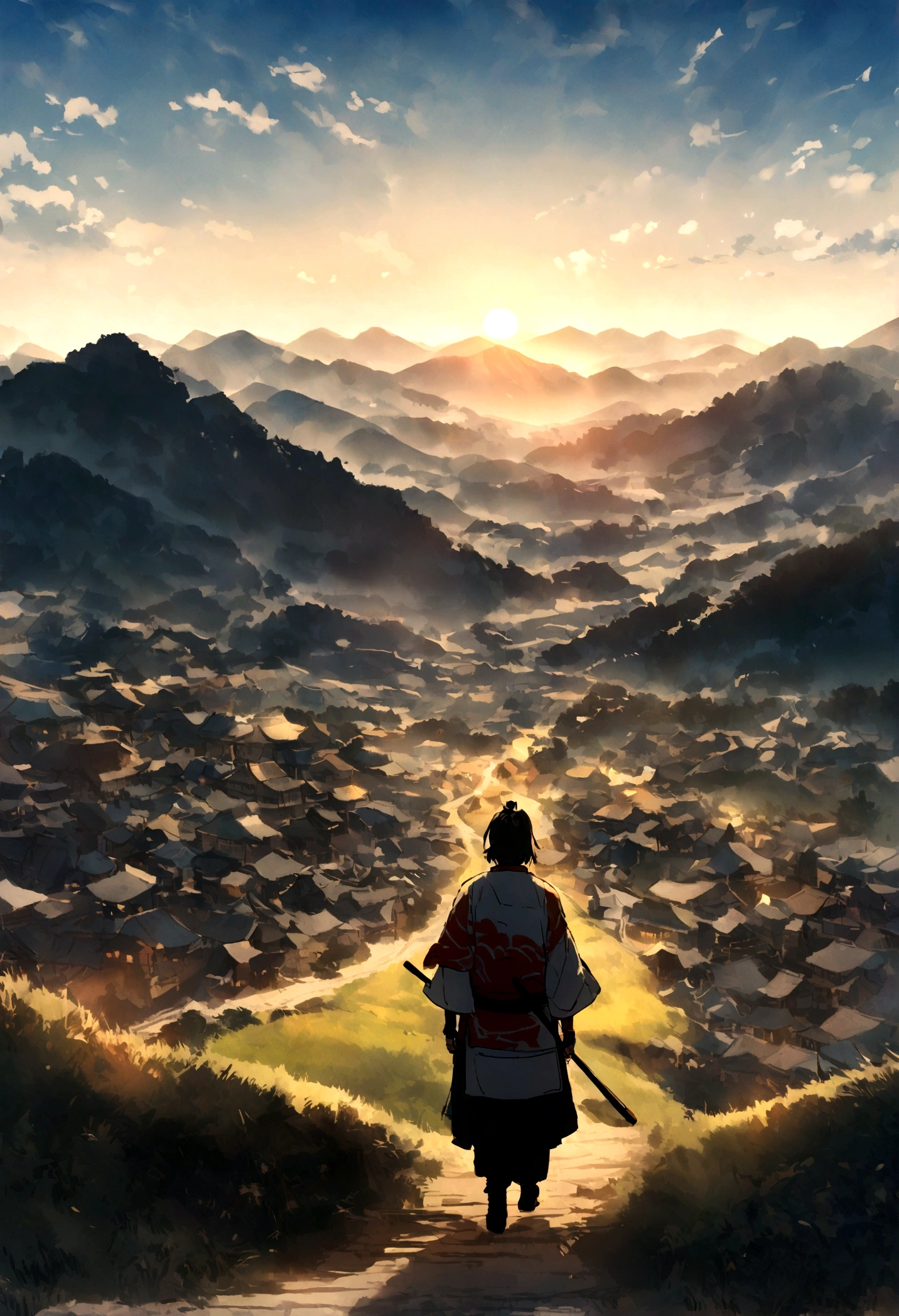 A ronin walking through a mountain village,Back view,The morning sun and blue sky cover the landscape.