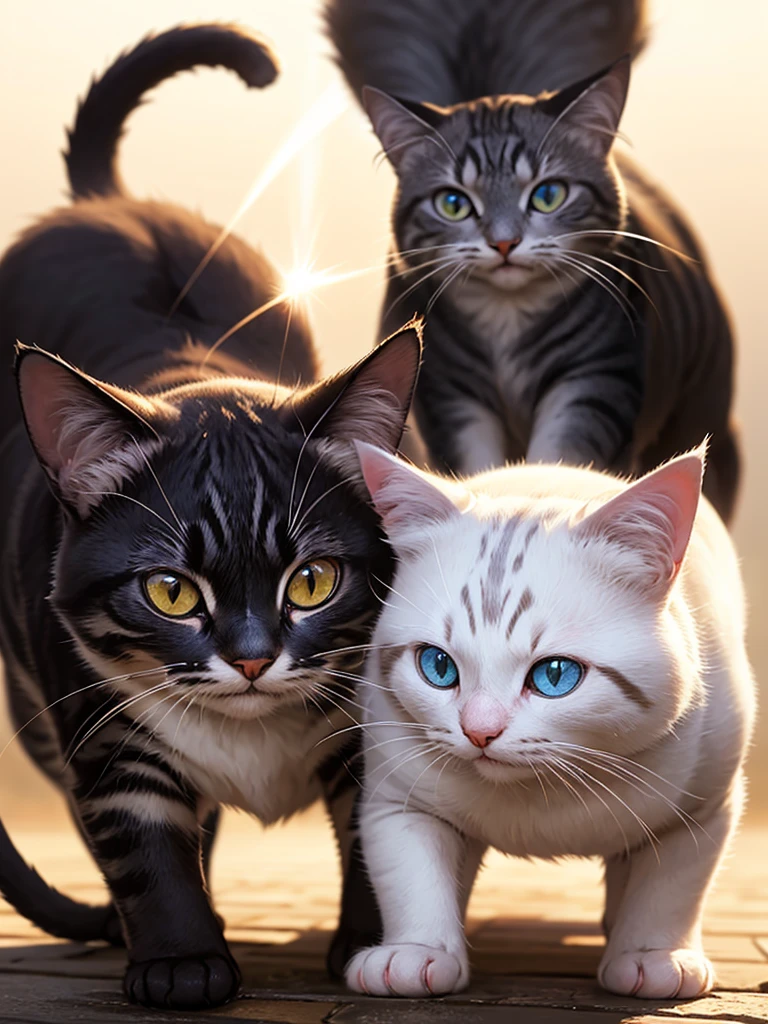 Cat Detective、bow、Cats rushing forward、Cute and gentle、Sharp eye focus、original、Supernatural、Another world、Ultra Detail、bright fur、Magic Lighting、trajectory、 Light dust、beautiful、Cinematic lighting、 Bokeh effect