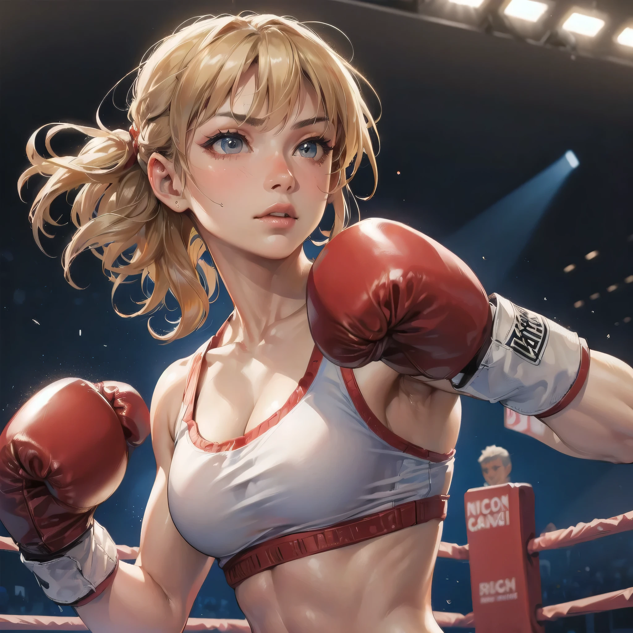 masterpiece, (textured skin), best quality, gorgeous beautiful girl, (a female boxing athlete), detailed clothes,large breasts,narrow waist,, (beautiful face), cinematic lighting, (at boxing venue),