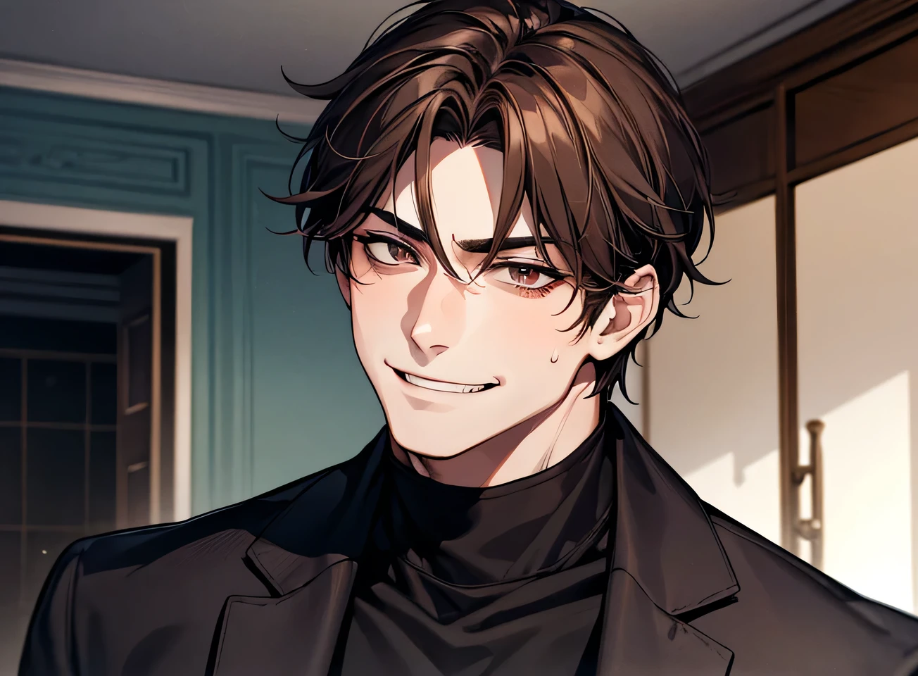 (Dark Room)、Moon night,Dynamic Angle,masterpiece,Face close-up,Angle from below,male,Muscular, 45 years old,(male1 person)、Old man,A slightly aged face,alone,Adult,Rin々Funny face,Sharp Eye,Evil smile brown hair,all back,Kakiage,Black Suit,Black turtleneck,No ribbon,sweating,,smile,An inappropriate smile,Background mansion room,night,