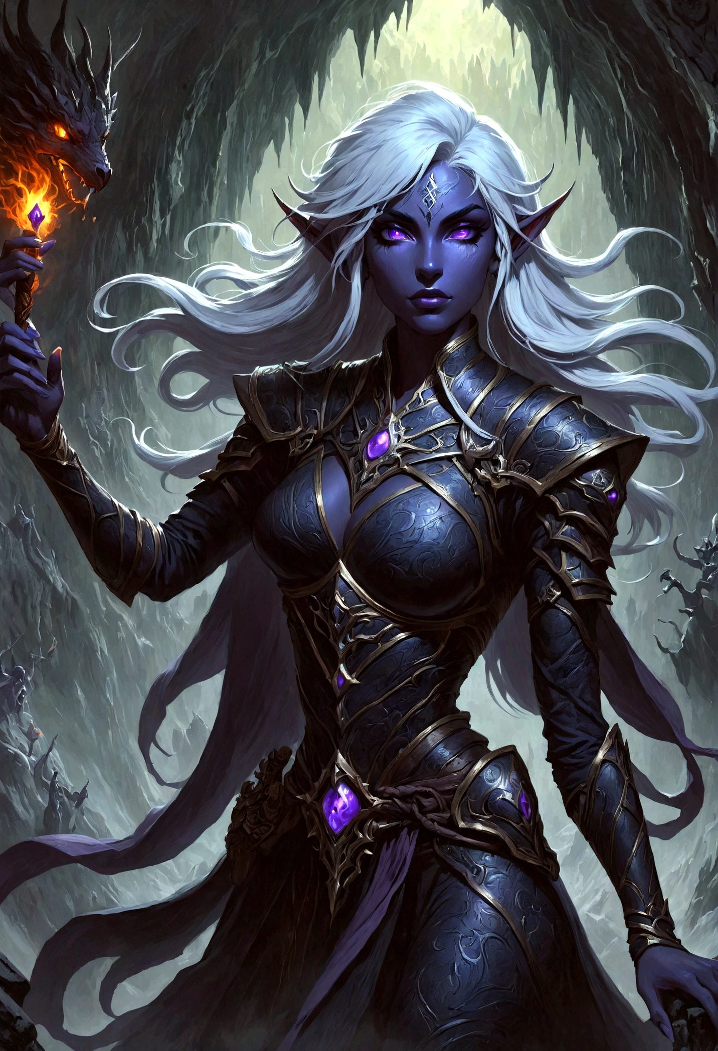 白发Dark Elves, Noah Bradley (Noah Bradley) Inspiring Portraits,Dark Elves,Drow,Dungeons & Dragons,Magic Game,magic,Summon the Divine Dragon