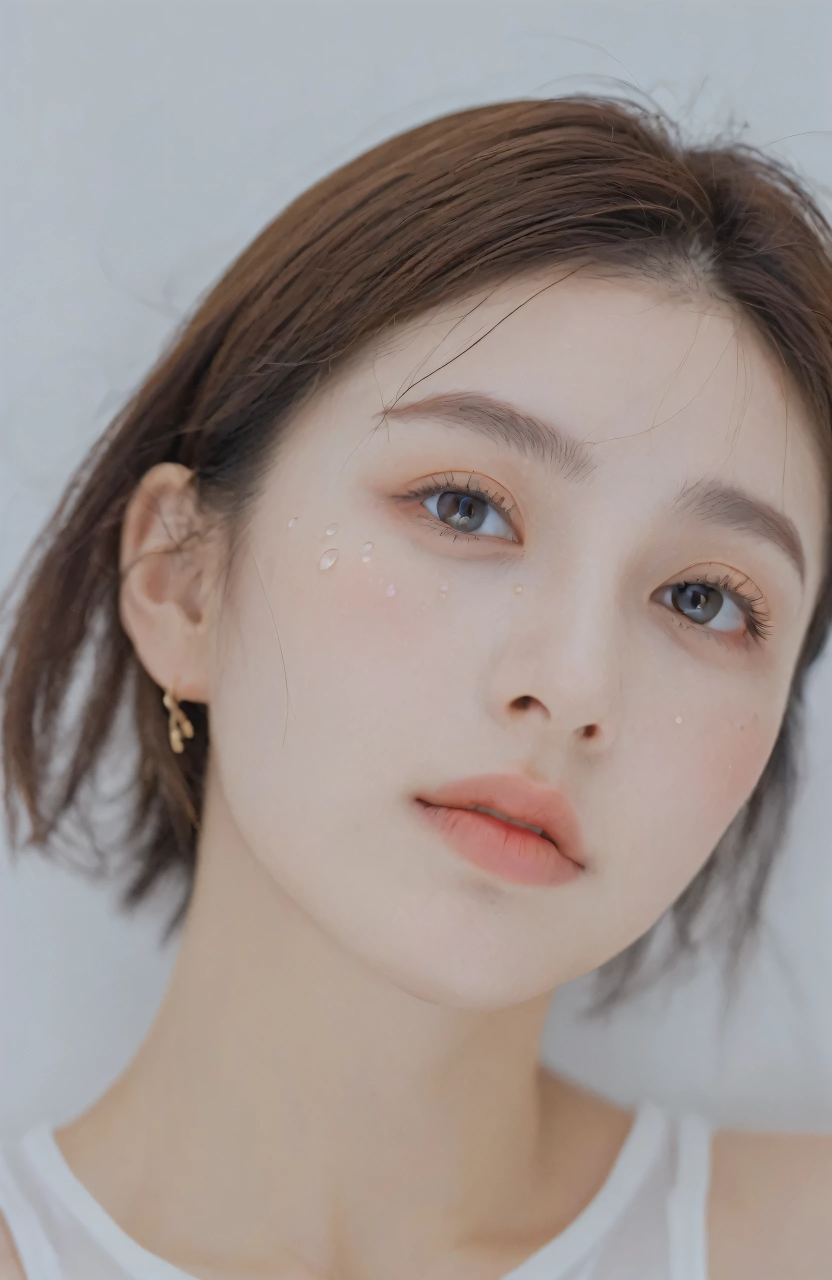 xxmixgirl, analog style, eye focus, highest quality, (highly detailed skin), photo of a exquisitely beautiful pale skin, 21yo, perfect face, alluring eyes, (seductive makeup: 1.3), skin pores, (bokeh:1.5), sharp focus, dappled lighting, (backlighting), film grain, (highly detailed, intricately detailed), 8k, HDR, front view, studio light, Ultra-detailed face, Detailed eyes, (Double eyelid: 1.4), Alice toggle, brown eye, (commercial: 1.4), 1girl wet tshirt water drops, (splash detailed), (seductive makeup), ((white studio background: 2))