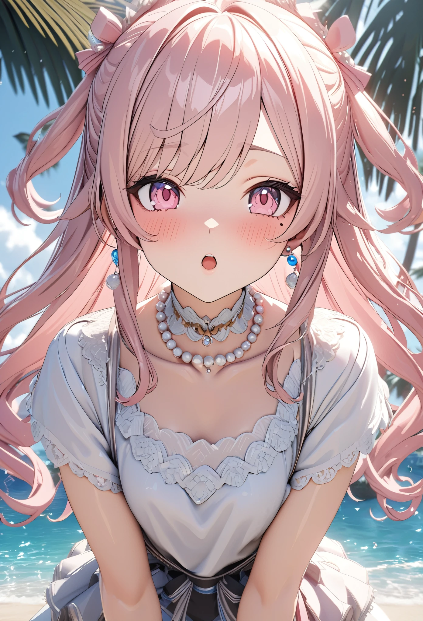 masterpiece, best quality, highly detailed, high resolution, expensive resolution, high resolution, 4k, 8k, Unity 8k wallpaper, highly detailed CG, masterpiece, 2d, 3d, beautiful details, depth, fine texture, best quality: 1.3, perfect focus, crispy skin, him, very cute anime girl, girl with pearl necklace and pearl earrings, idol. Background is ocean with dolphins jumping, scallops dancing, palm trees, expensive, pink medium long hair, mole under eye, looking at the viewer, expensive, blush, mole, open lips, , heart, pink eyes, choker