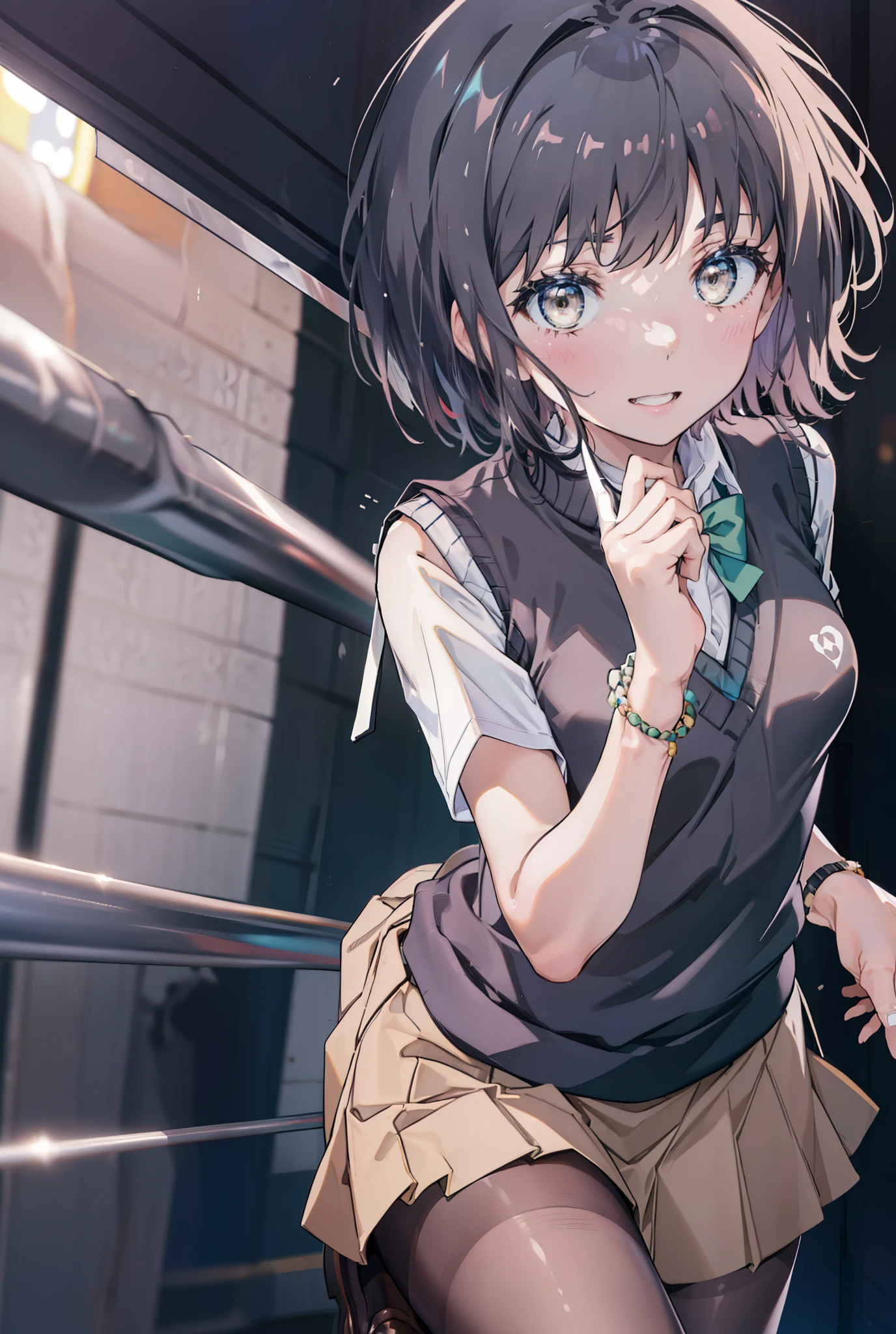 masterpiece, highest quality, Confused, Perfect Anatomy, 1 girl, alone, Itsuwa,short hair,Black Hair,Brown eyes,smile,blush,Open your mouth,Happy atmosphere,break skirt, shirt, bow, ribbon, , white shirt, Short sleeve, Pleated skirt, collared shirt, mini skirt, bowtie, 黒いloafers , Black Skirt, Black pantyhose, loafers, green bow, whole bodyがイラストに入るように, (blue sweater vest:1.5),evening,Sunset,The sun is setting,walking,break outdoors, Building district,
break looking at viewer, whole body,
break (masterpiece:1.2), highest quality, High resolution, unity 8k wallpaper, (figure:0.8), (Beautiful fine details:1.6), Highly detailed face, Perfect lighting, Highly detailed CG, (Perfect hands, Perfect Anatomy),