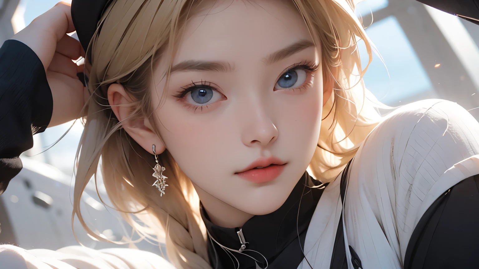 Upper body close-up image。One beautiful woman。Very cute woman。Blonde hair and blue eyes。Twenty years old。Detailed drawing of faces。She is dressed in a futuristic outfit。The underground world spreads out in the space behind her.。It&#39;s a world illuminated by the light of a red artificial sun.、Futuristic urban。