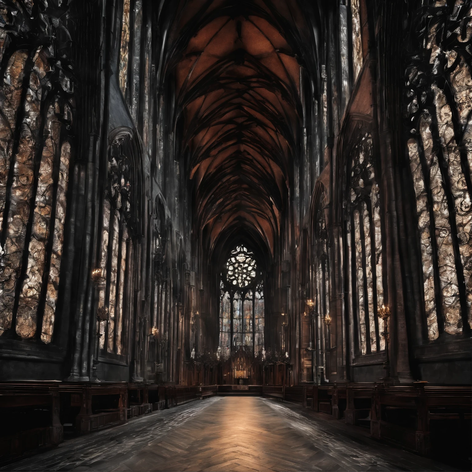 A long, wide Gothic hall with tall stained glass windows, With high ceilings and numerous pillars, At the end of the hall is a high arched passageway., 最high resolution, high resolution,.