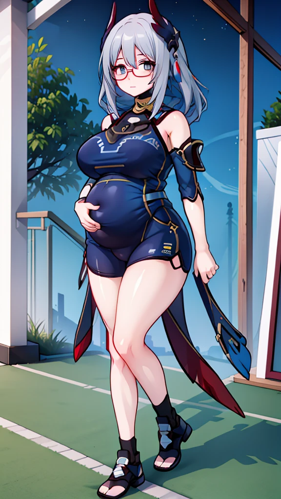 (Full body, glasses), An image of a pregnant girl with her belly on full display wearing gym clothes. She is a very voluptuous lady