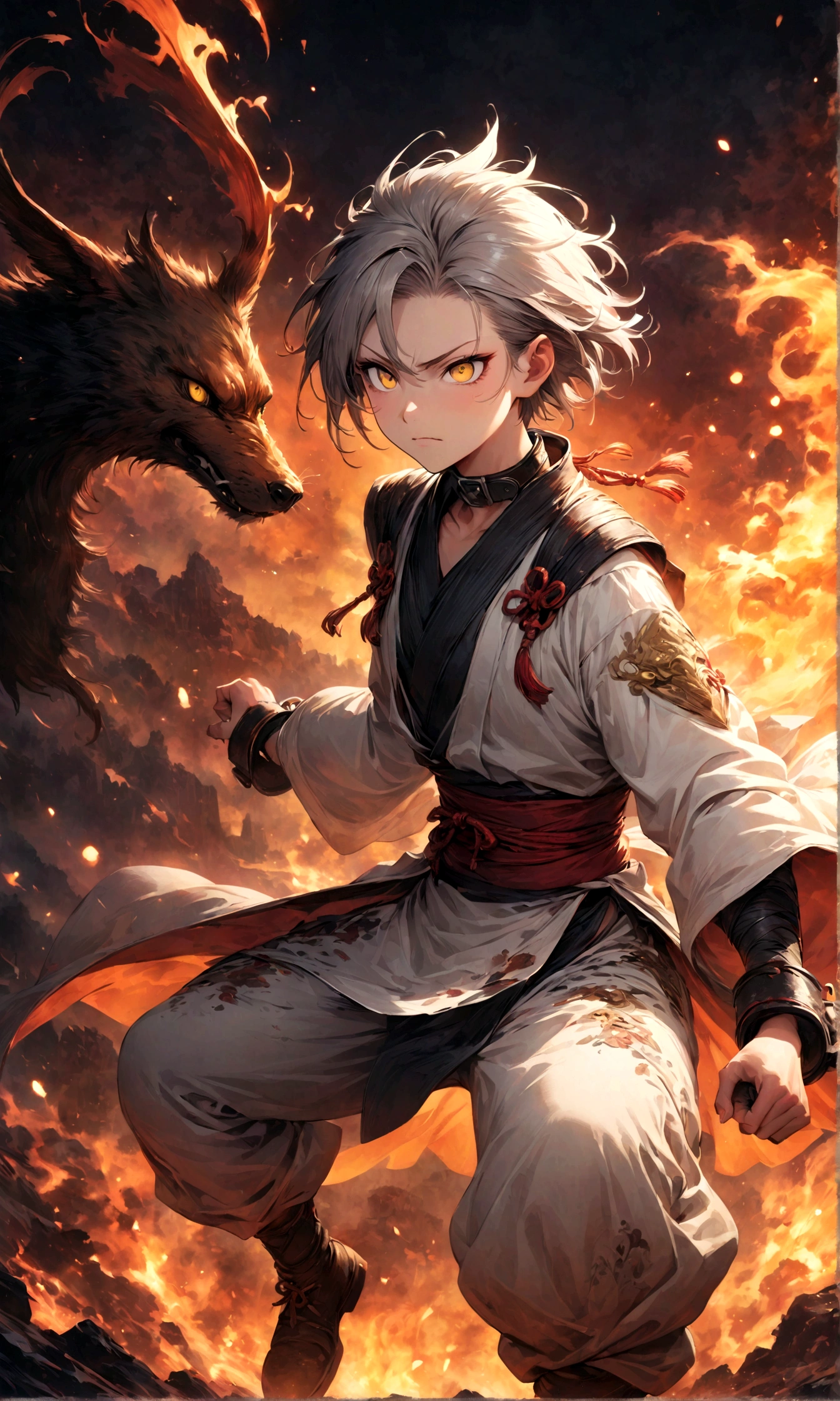 (1 male,Gabimaru,Androgynous Short Hair,Gray Hair,White Ninja Costume,Gamimaru is a slim androgynous man,beautiful,Apathy,Droopy eyes,Yellow Eyes),Midori Ishida&#39;s painting style,Moderately dirty,Intricate details,,Decadent,artwork,rendering,(masterpiece:1.3),(highest quality:1.4),(Very detailed:1.5),High resolution,Very detailed,unity 8k wallpaper,Dark fantasy,Glare,Fighting Style,break,The ninja costume worn by Gamimaru is white..,Black collar and cuffs.