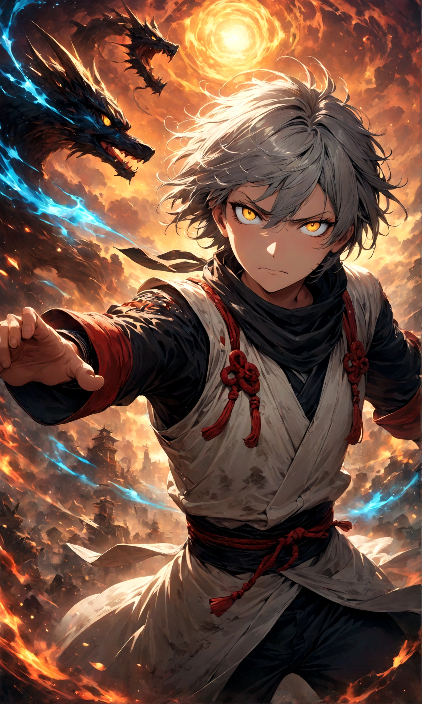 (1 male,Gabimaru,Androgynous Short Hair,Gray Hair,White Ninja Costume,Gamimaru is a slim androgynous man,beautiful,Apathy,Droopy eyes,Yellow Eyes),Midori Ishida's painting style,Moderately dirty,Intricate details,,Decadent,artwork,rendering,(masterpiece:1.3),(highest quality:1.4),(Very detailed:1.5),High resolution,Very detailed,unity 8k wallpaper,Dark fantasy,Glare,Fighting Style,break,The ninja costume worn by Gamimaru is white..,Black collar and cuffs.