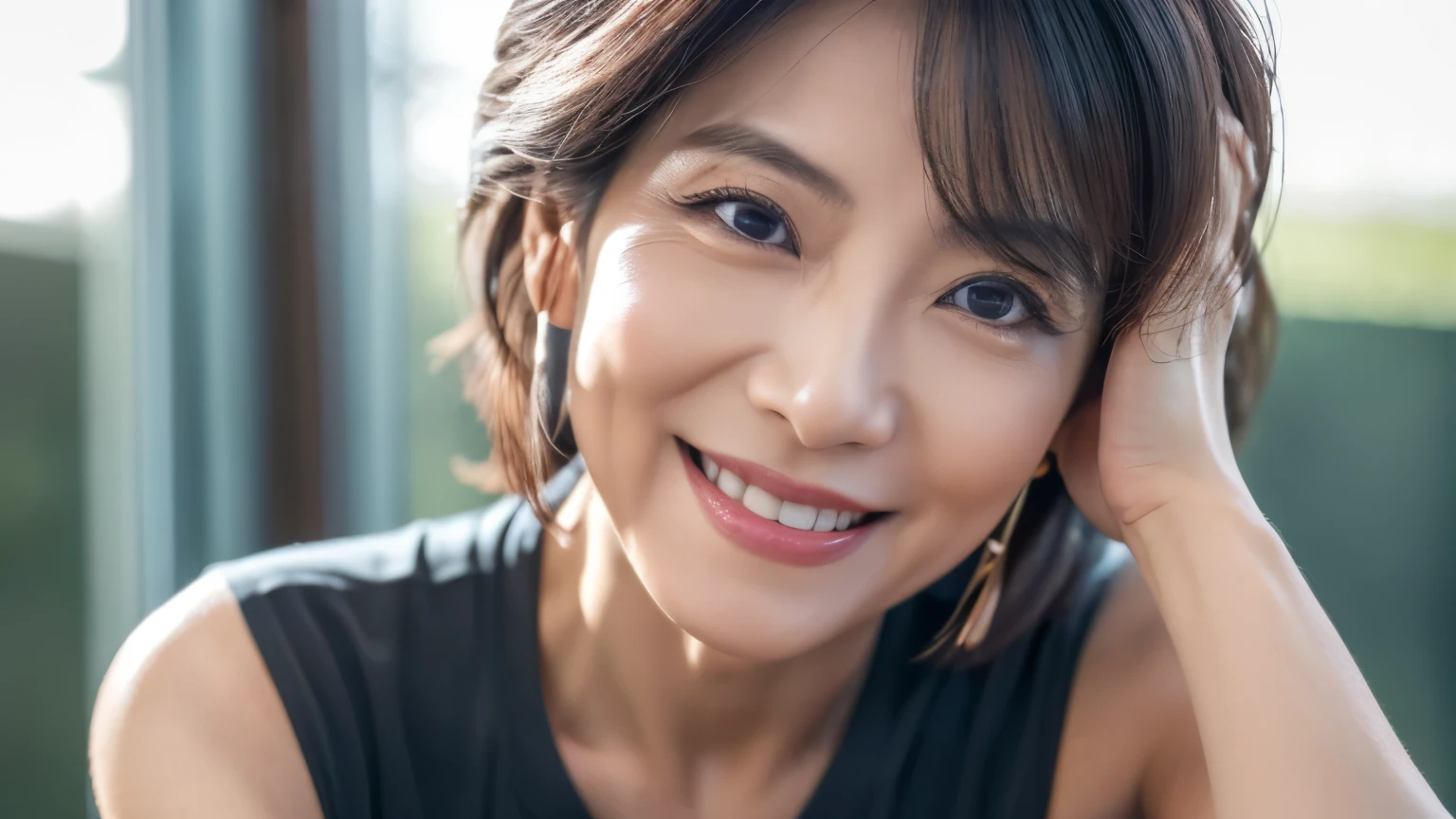 ((Realistic lighting, highest quality,8k, masterpiece:1.3)), ((50-year-old Japanese woman,Large Eyes,smile,Breathe life into it,8 Pack Abs)),Sharp focus:1.2, , Perfect figure,Looking into the camera,The face is delicate,((Gray Hair)),(Short sleeve trackwear),Ultra-fine face,Fine Eyes,double eyelid
