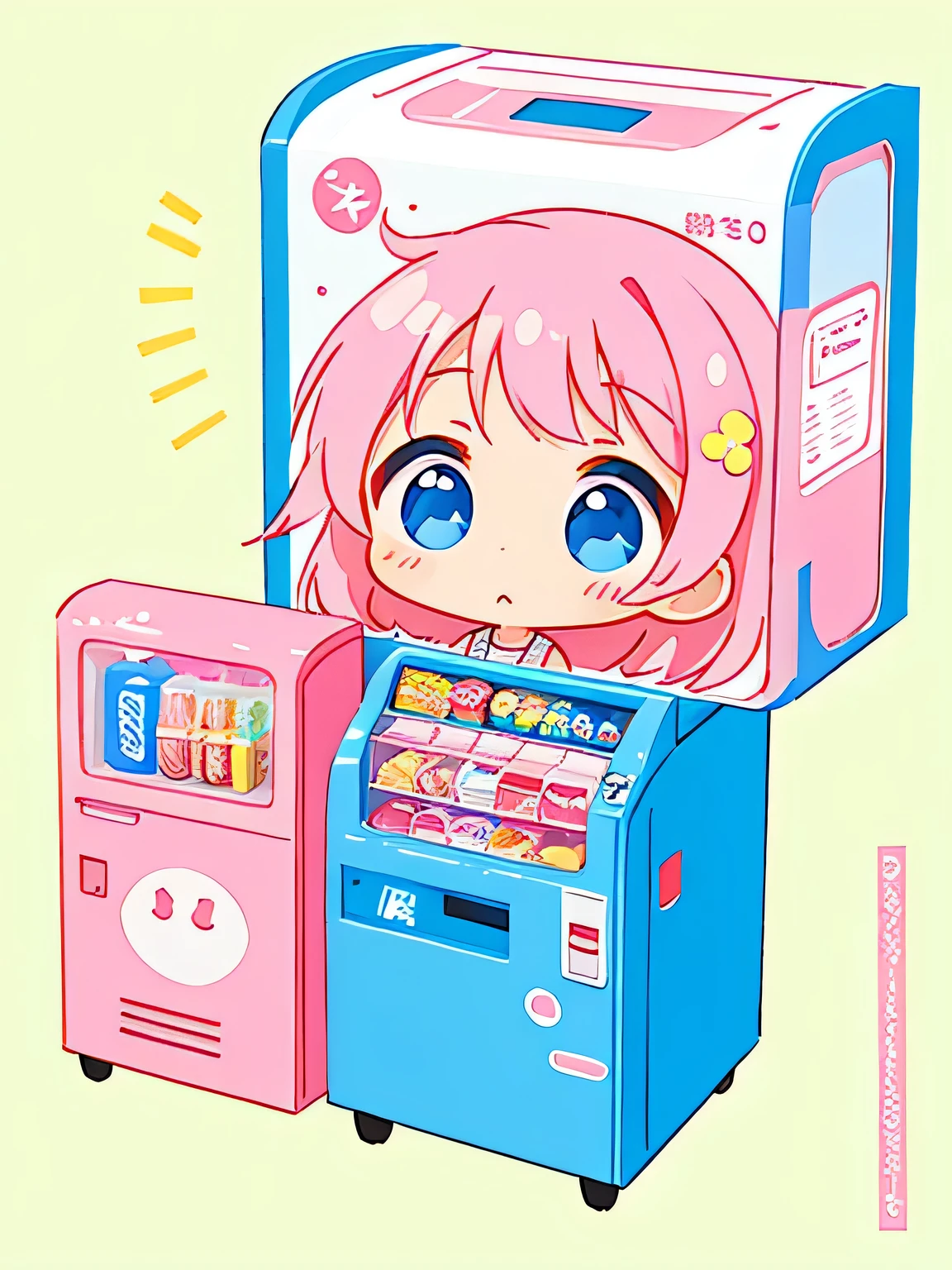 Momoko Sakura style, Kawaii Design, The most beautiful girl of all time、Chibi, drinking, Pepsi、vending machine