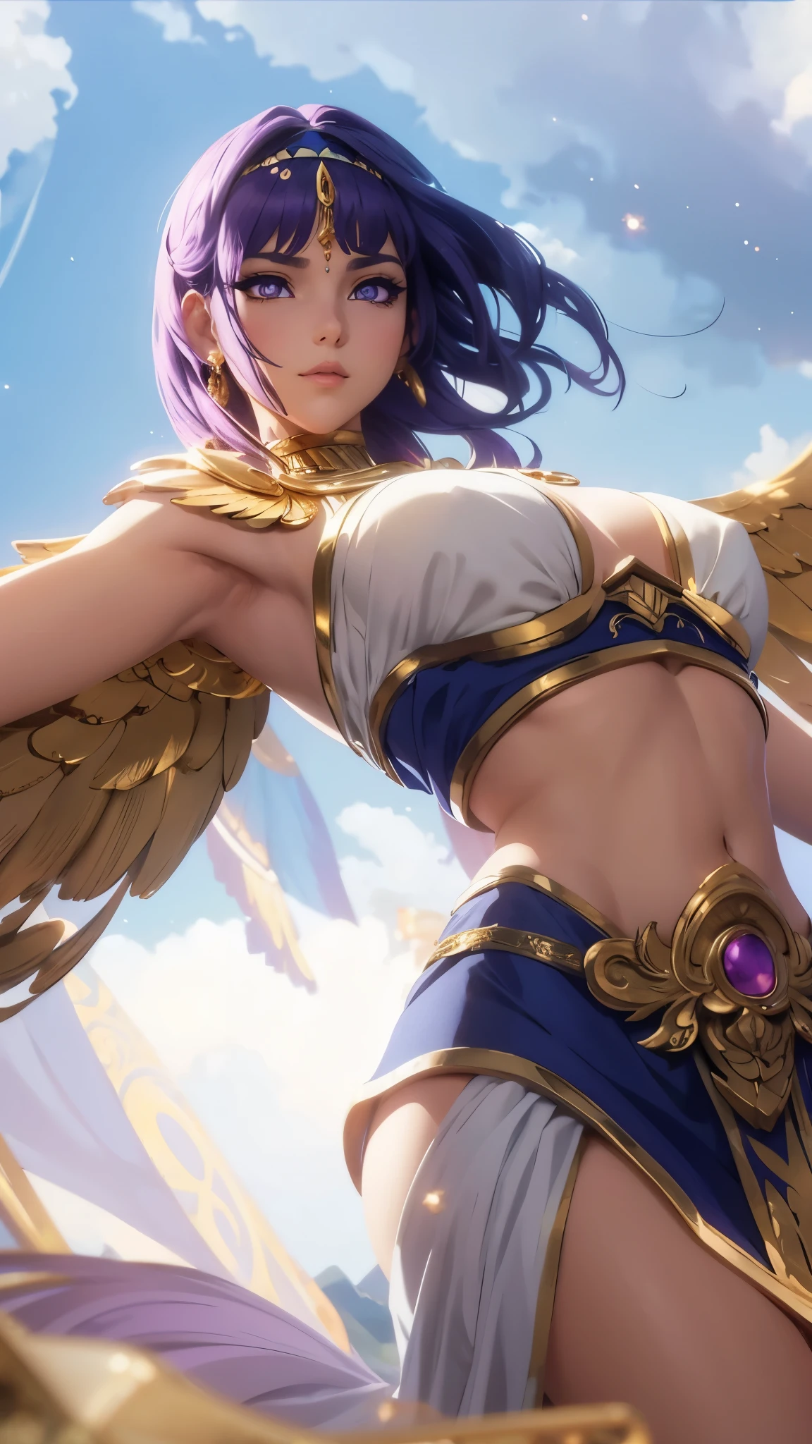 A beautiful anime-style girl with golden wings, Cleopatra-inspired design, detailed face and eyes, elegant pose, revealing clothing, flowing hair, serene expression, dramatic lighting, intricate gold and jeweled accents, purple hair, 8k, ultra-detailed, masterpiece