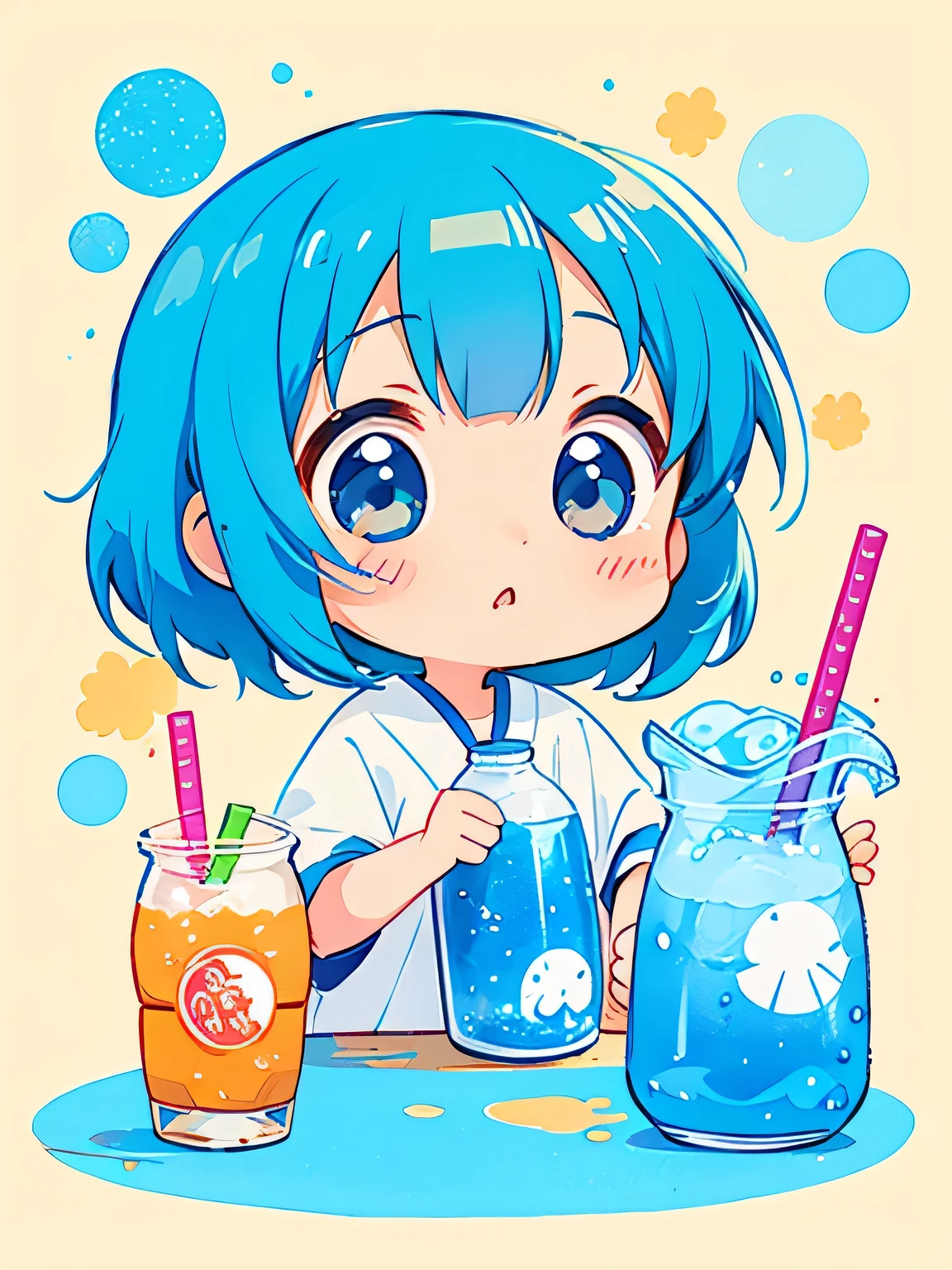 Hayao Mayazaki style, Kawaii Design, The most beautiful girl of all time、Chibi, drinking, Pepsi