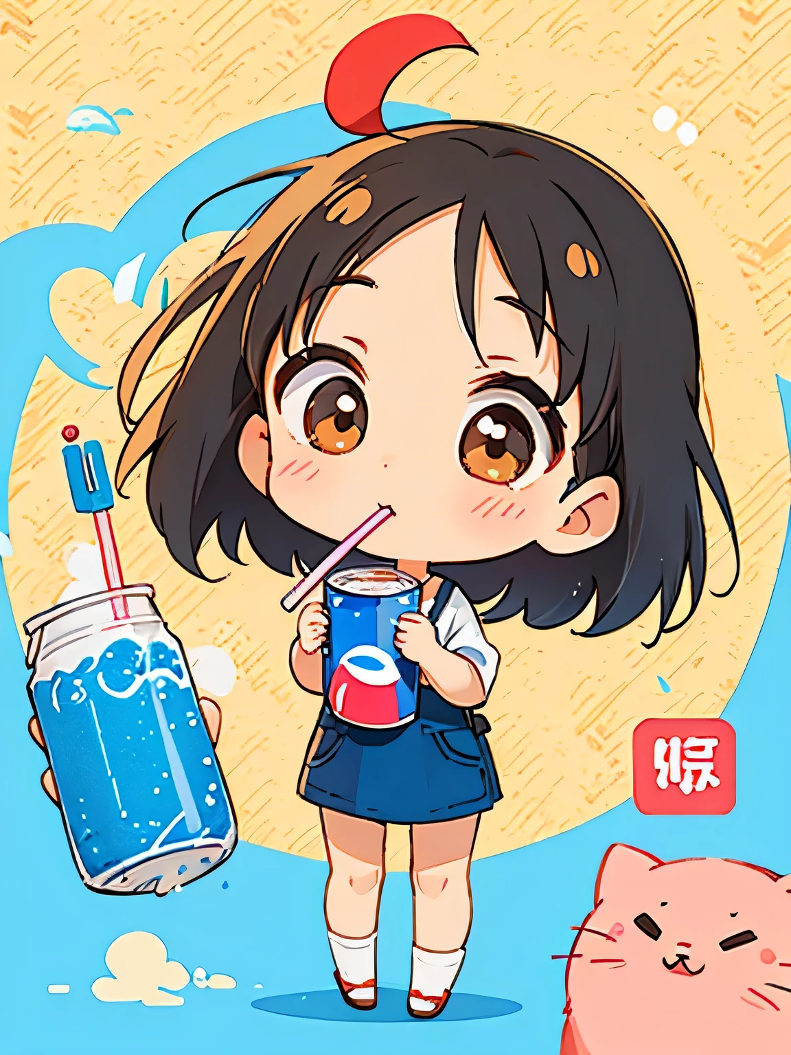 Hayao Mayazaki style, Kawaii Design, The most beautiful girl of all time、Chibi, drinking, Pepsi