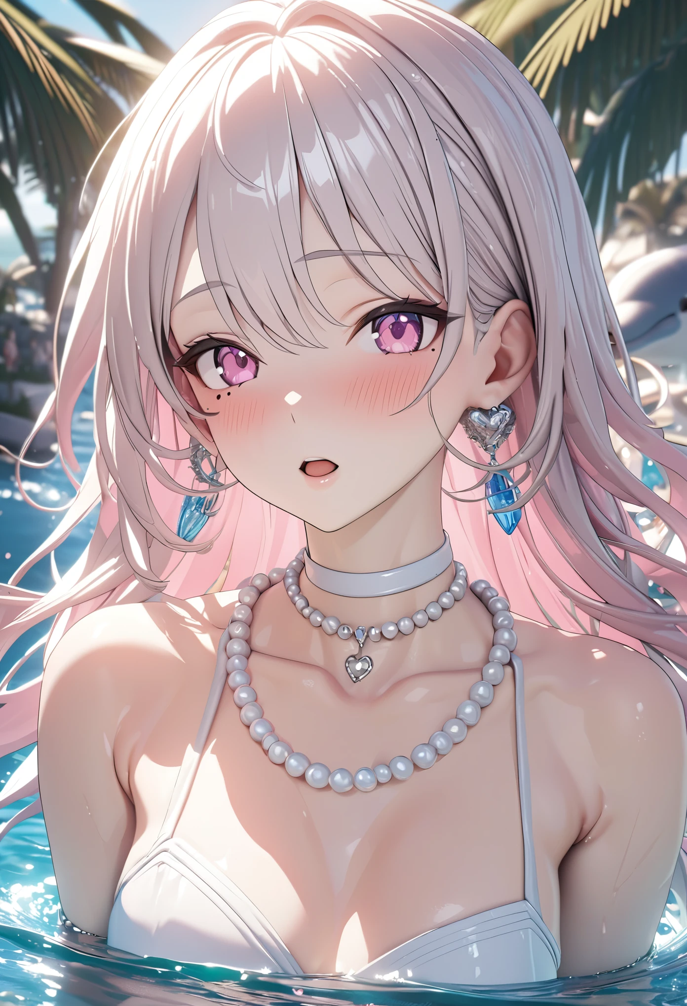 masterpiece, best quality, highly detailed, high resolution, expensive resolution, high resolution, 4k, 8k, Unity 8k wallpaper, highly detailed CG, masterpiece, 2d, 3d, beautiful details, depth, fine texture, best quality: 1.3, perfect focus, crispy skin, him, very cute anime girl, girl with pearl necklace and pearl earrings, idol. Background is ocean with dolphins jumping, scallops dancing, palm trees, expensive, pink medium long hair, mole under eye, looking at the viewer, expensive, blush, mole, open lips, , heart, pink eyes, choker