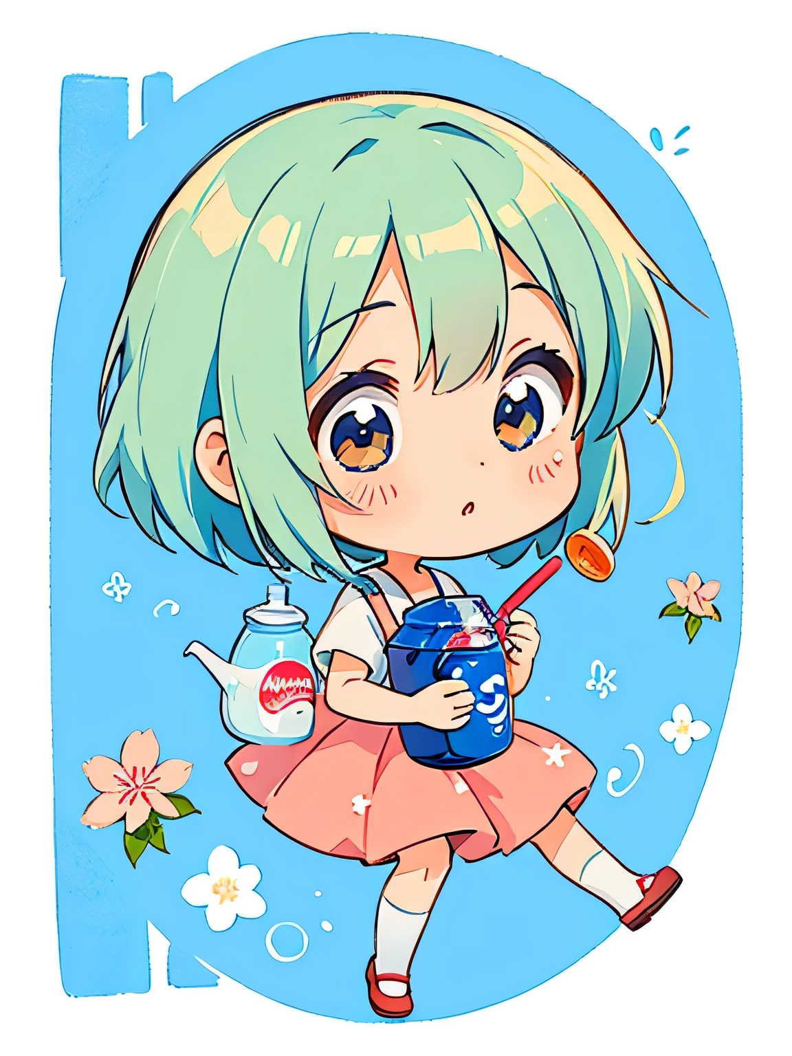 Hayao Mayazaki style, Kawaii Design, The most beautiful girl of all time、Chibi, drinking, Pepsi