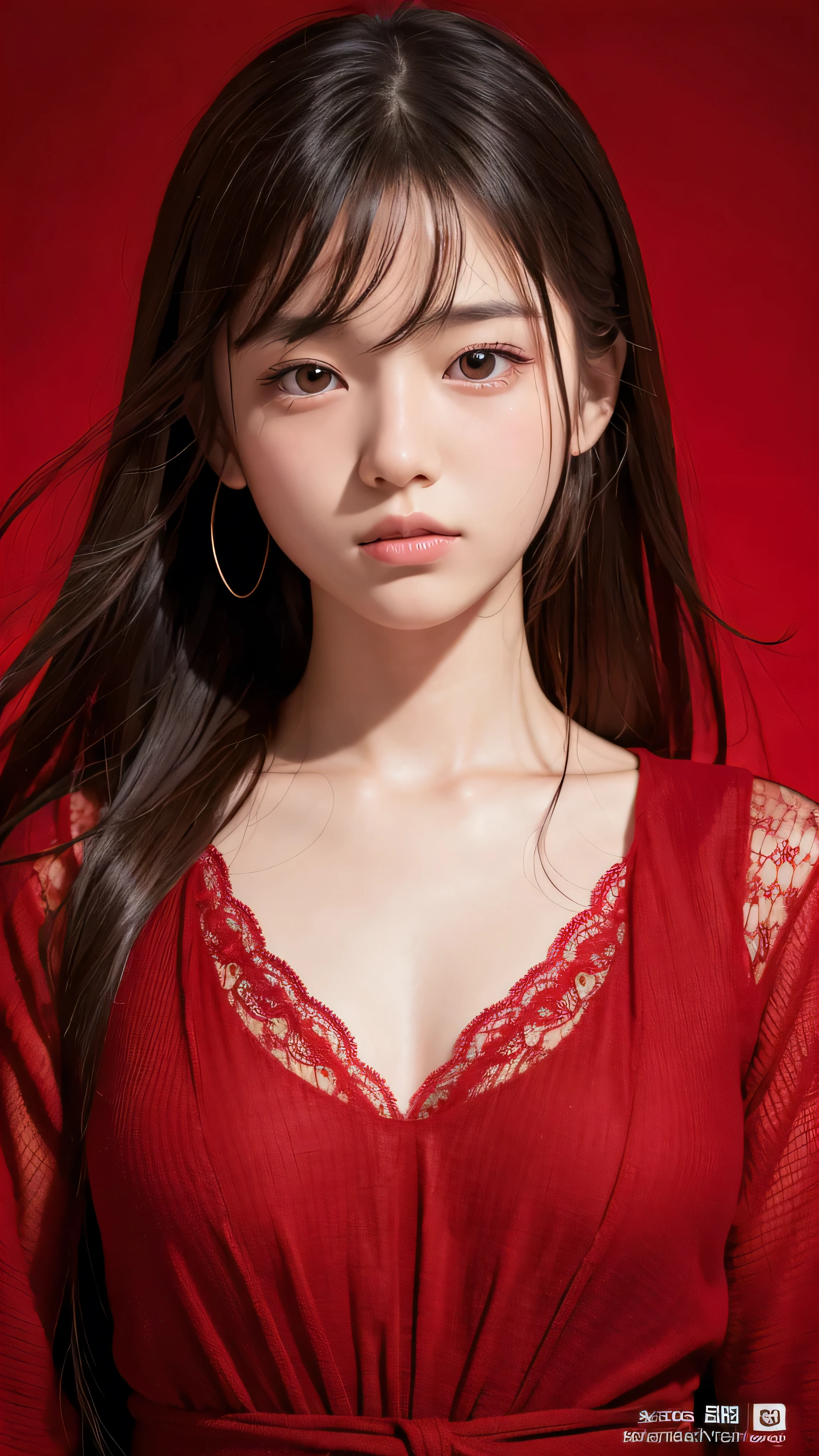 A girl, illustration, Cover Art , (((Red))), portrait, Red background, Red splash,

masterpiece, best quality, Ultra-high resolution, (Reality:1.4), RAW photos, 8K Photo, Japanese young model, 14 years old, Thin face,large beasts,