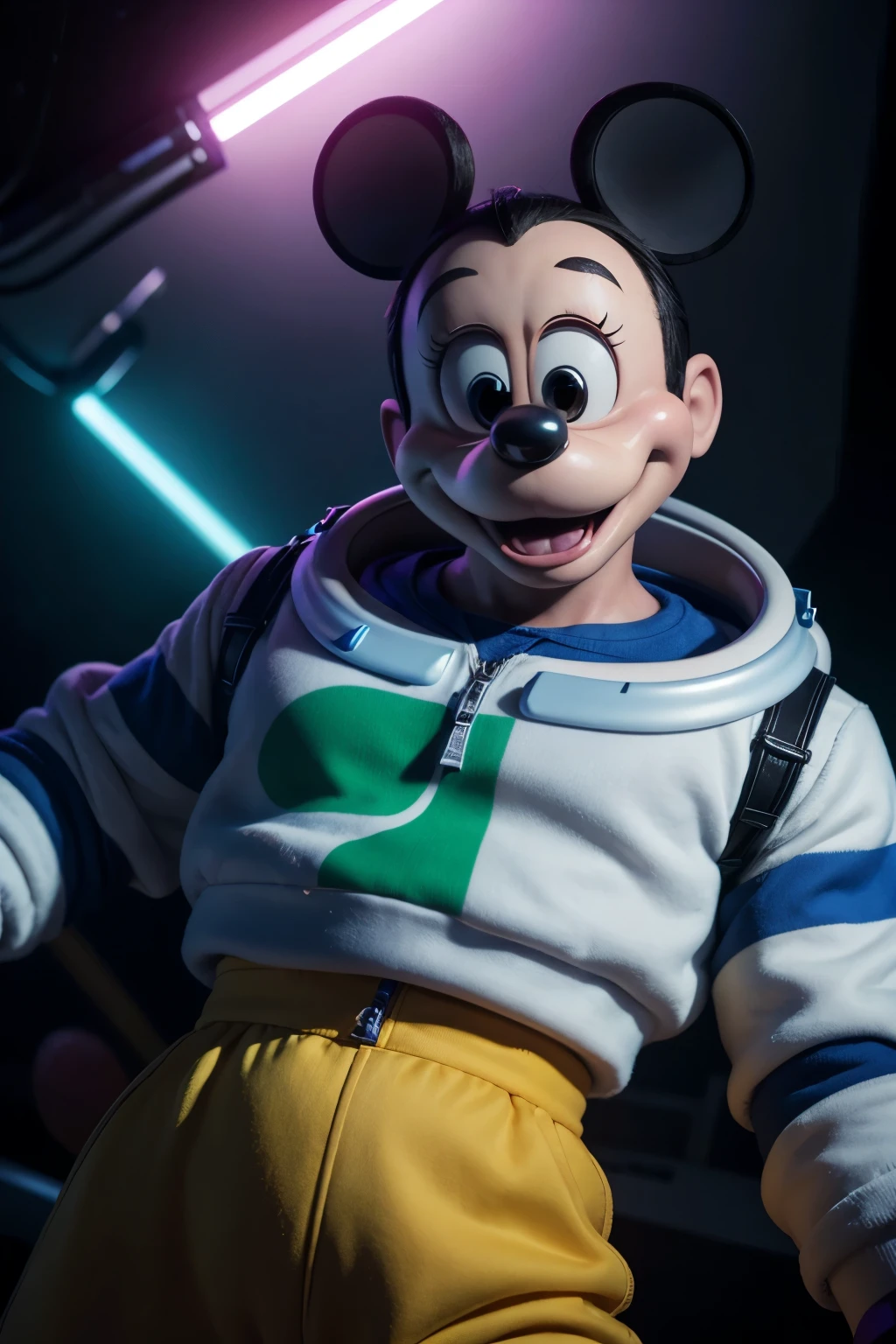 a Mickey Mouse character dressed as Buzz Lightyear, hyper realistic, 1 character, extremely detailed, cinematic lighting, vibrant colors, 4k, photorealistic, studio lighting, highly detailed, sharp focus, physically-based rendering, vivid colors, disney, pixar
