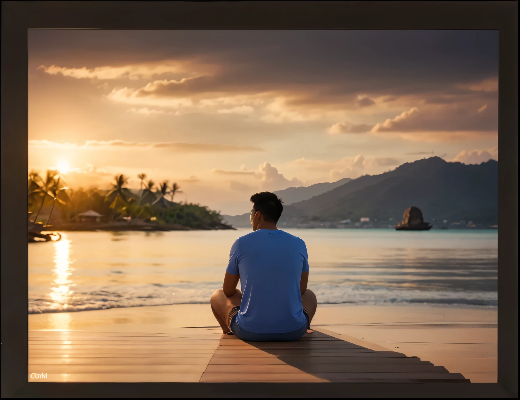 a handsome Thai man sitting on the beach, looking into the sea, wearing glasses, a short sleeve t-shirt, and jeans, beside him a glass of drink, coconut trees in the background, clear sky, 8k, detailed, photorealistic, intricate, beautiful, stunning