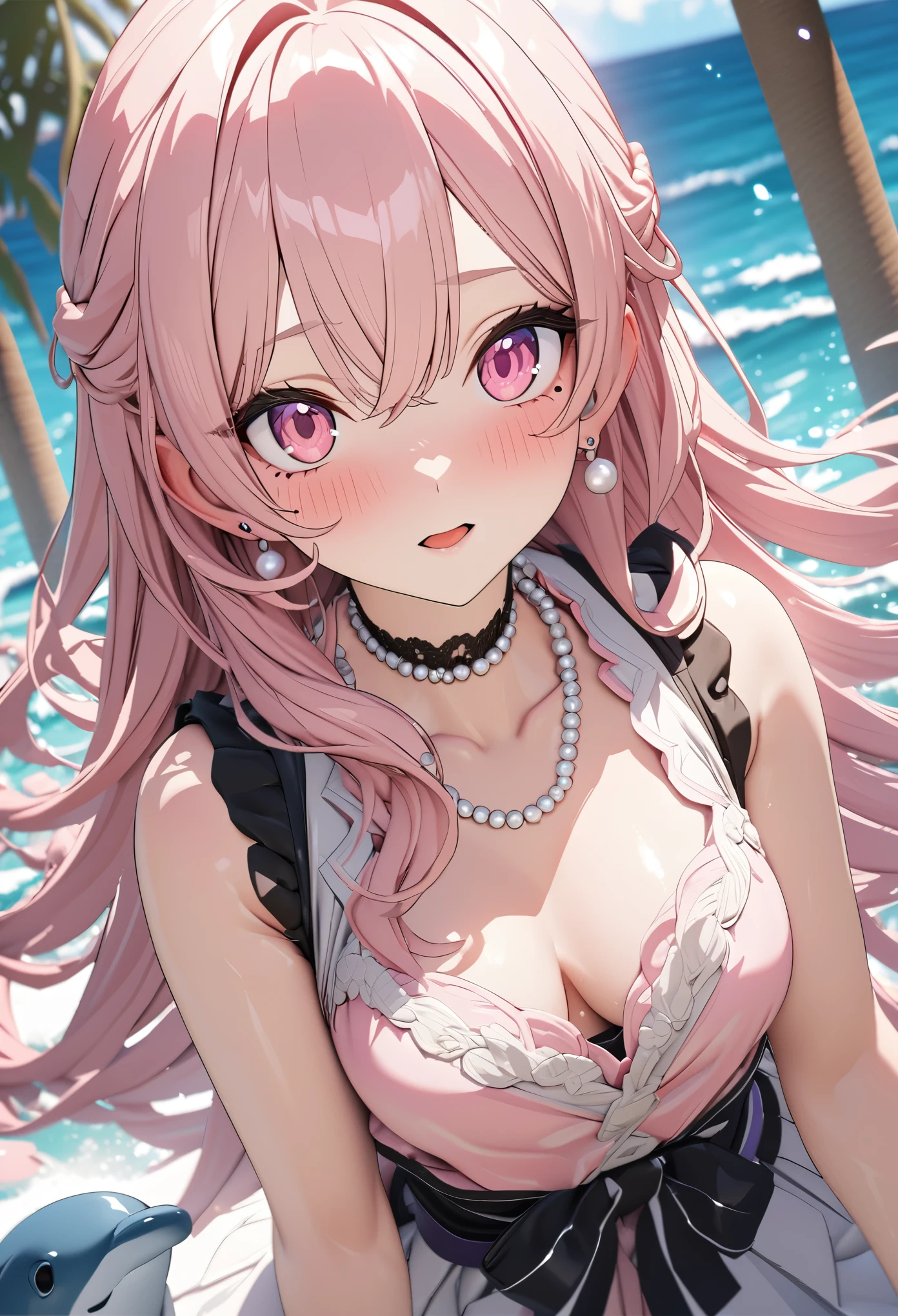 masterpiece, best quality, highly detailed, high resolution, expensive resolution, high resolution, 4k, 8k, Unity 8k wallpaper, highly detailed CG, masterpiece, 2d, 3d, beautiful details, depth, fine texture, best quality: 1.3, perfect focus, crispy skin, him, very cute anime girl, girl with pearl necklace and pearl earrings, idol. Background is ocean with dolphins jumping, scallops dancing, palm trees, expensive, pink medium long hair, mole under eye, looking at the viewer, expensive, blush, mole, open lips, , heart, pink eyes, choker