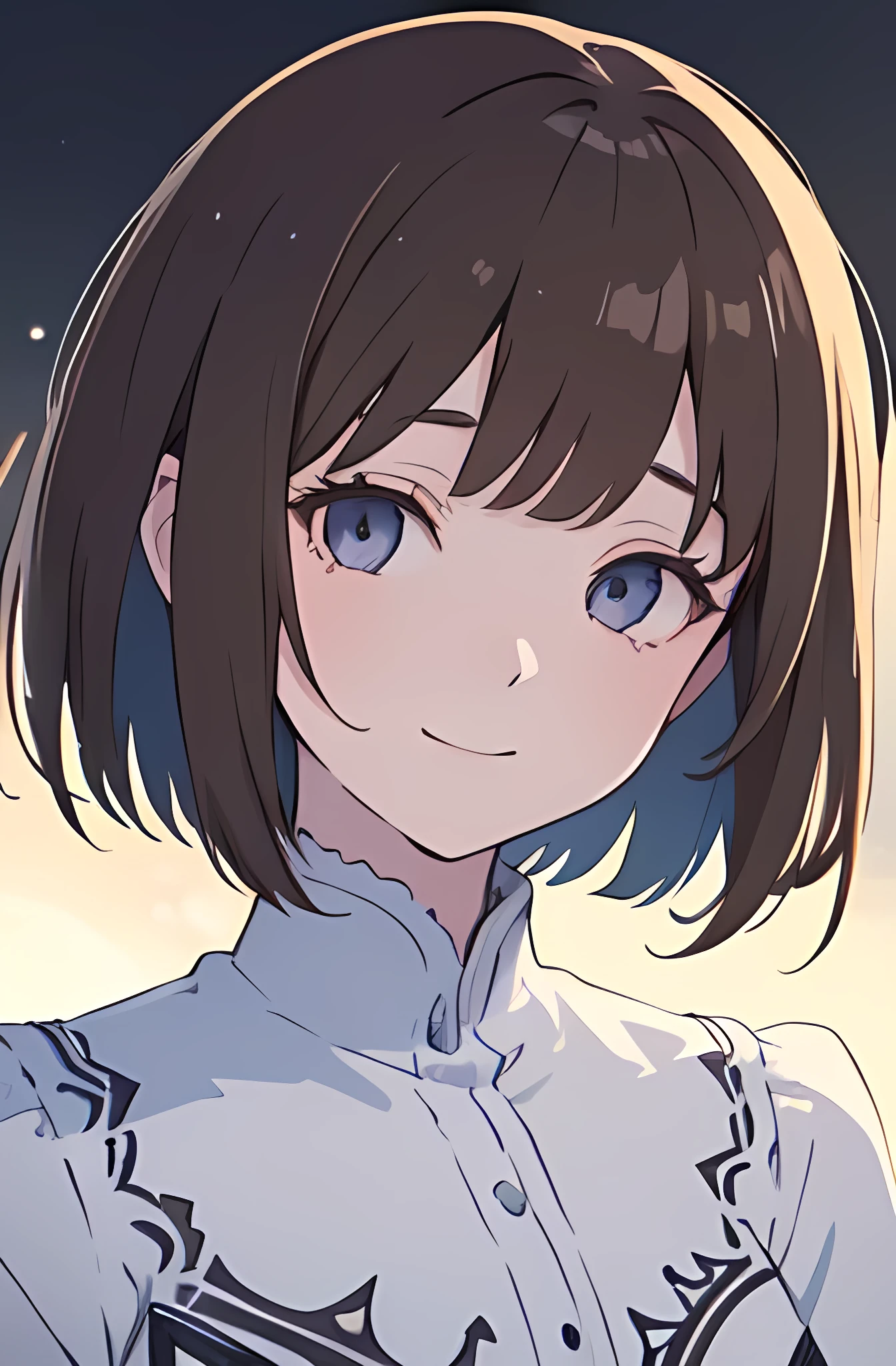 1girl, anime_coloring, black_eyes, brown_hair, short_hair, smile, solo, style_parody, / detailed portrait, high quality, digital art, cinematic lighting, atmospheric, vibrant colors, soft focus, intricate details, beautiful character design, expressive face, warm lighting, delicate features, pristine rendering, masterful composition