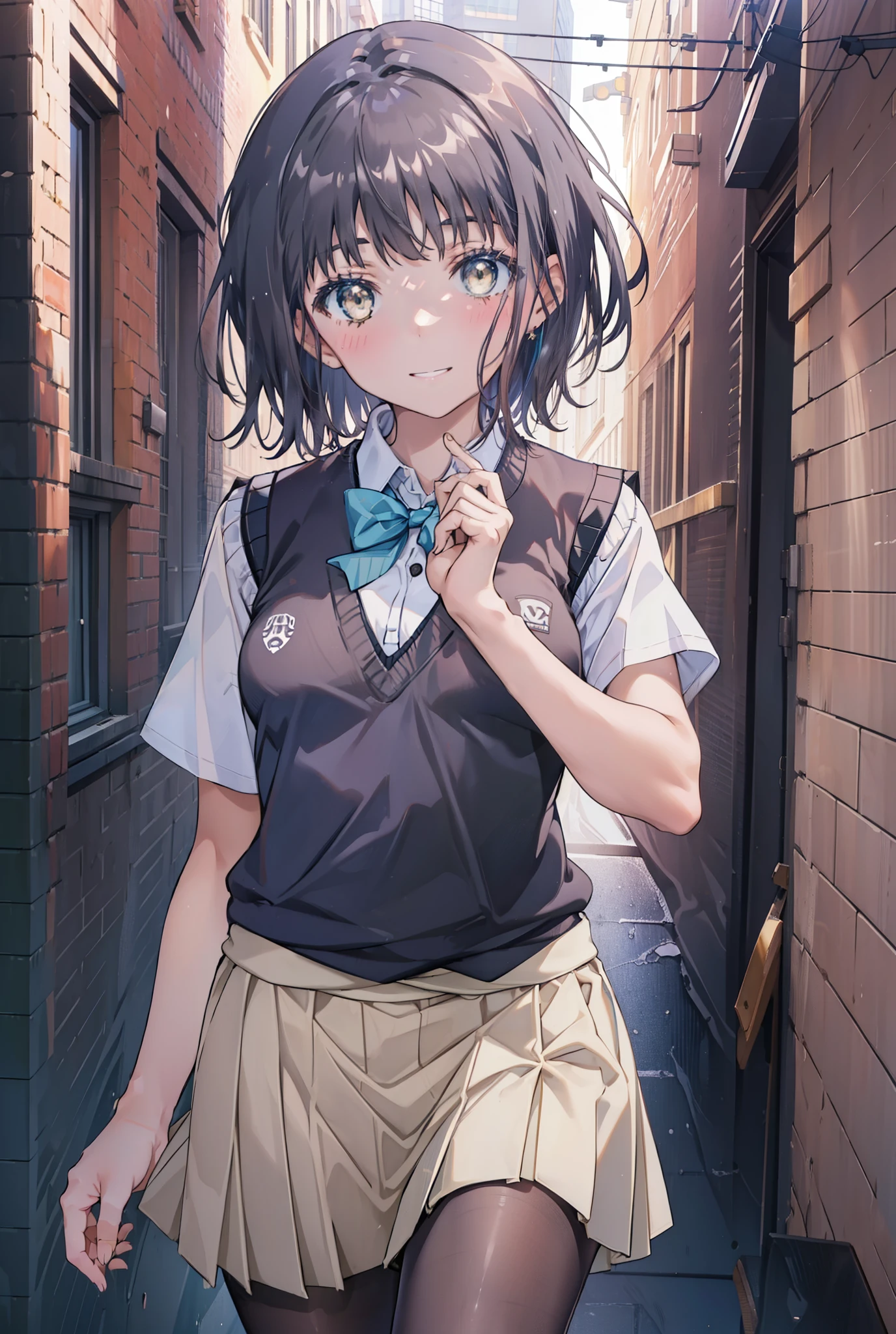 masterpiece, highest quality, Confused, Perfect Anatomy, 1 girl, alone, Itsuwa,short hair,Black Hair,Brown eyes,smile,blush,Open your mouth,Happy atmosphere,break skirt, shirt, bow, ribbon, , white shirt, Short sleeve, Pleated skirt, collared shirt, mini skirt, bowtie, 黒いloafers , Black Skirt, Black pantyhose, loafers, green bow, whole bodyがイラストに入るように, (blue sweater vest:1.5),evening,Sunset,The sun is setting,walking,break outdoors, Building district,
break looking at viewer, whole body,
break (masterpiece:1.2), highest quality, High resolution, unity 8k wallpaper, (figure:0.8), (Beautiful fine details:1.6), Highly detailed face, Perfect lighting, Highly detailed CG, (Perfect hands, Perfect Anatomy),