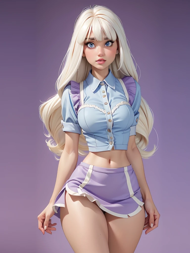 fair-skinned woman of average height with light blue eyes and long, platinum blonde hair with bangs framing the right side of her face. her hair is hung loosely and extends to her calves. wears a purple outfit consisting of a high-collared blouse and matching apron skirt exposing her midriff.