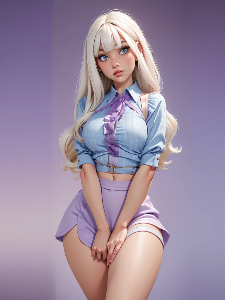 fair-skinned woman of average height with light blue eyes and long, platinum blonde hair with bangs framing the right side of her face. her hair is hung loosely and extends to her calves. wears a purple outfit consisting of a high-collared blouse and matching apron skirt exposing her midriff.