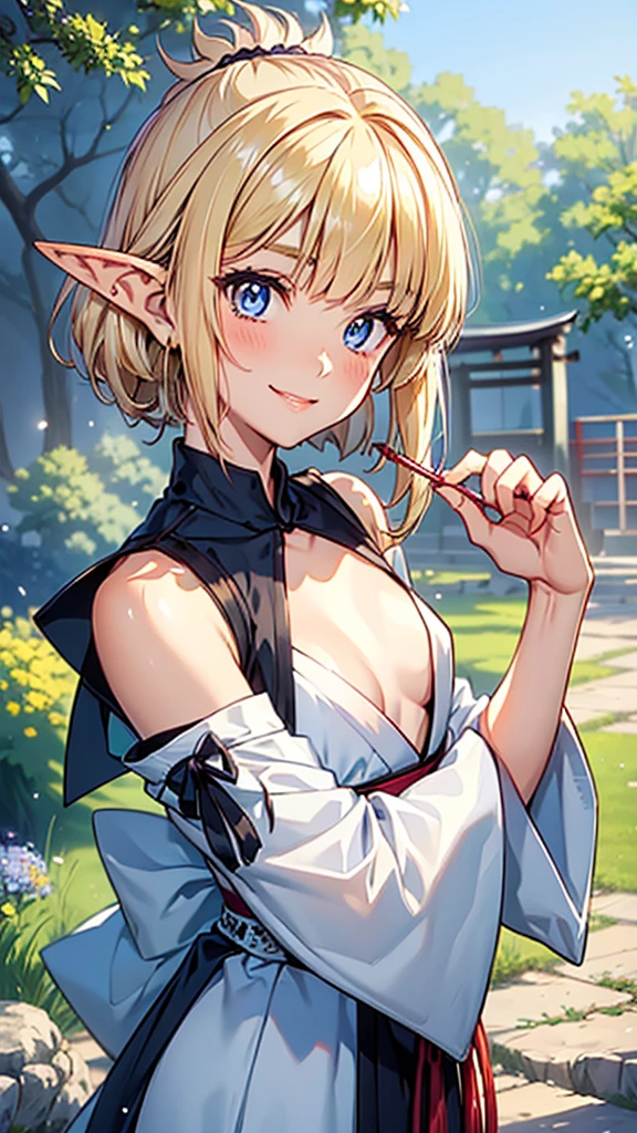 Very close、16k、masterpiece、High resolution、High resolution、Samurai、((****ung elven woman))、((Beautiful white skin))、((Beautiful blonde))、((Small breasts))、Bunhead、short hair、((Beautiful Blue Eyes))、((Pointed Ears))、Smiling Kindly、smile、blush、Pink Lip Gloss、Shiny skin、((Samuraiの鎧を着る))、((Japanese Castle))、Courting me、((Put your hand on your cheek))