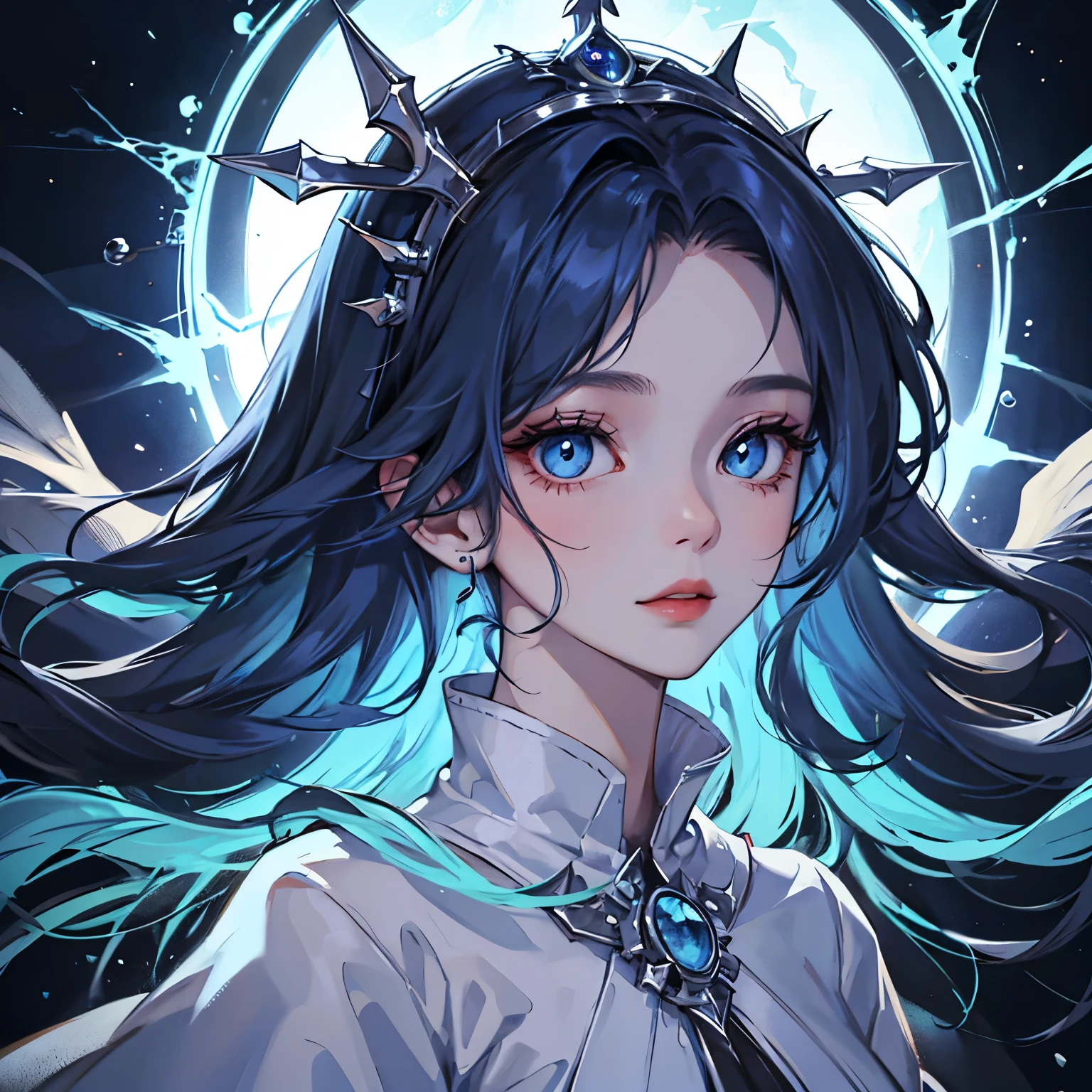 woman, clear skin, detailed eyes, pretty lashes,earth goddess, clothes, half is made of water, glowing eyes, close up, clear gorgeous eyes, portrait, blue hair