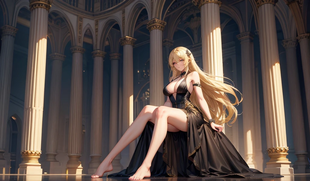 Blonde tall muscular beauty,Abdominal muscles,cleavage,Hairpin,Black evening dress,Bare Legs,palace