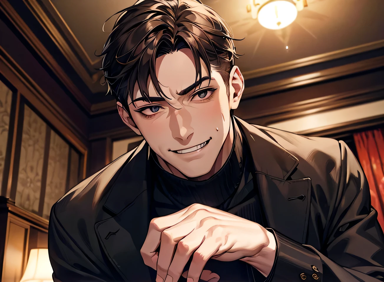 (Dark Room)、Moon night,Dynamic Angle,masterpiece,Face close-up,Angle from below,male,Muscular, 45 years old,(male1 person)、Old man,A slightly aged face,alone,Adult,Rin々Funny face,Sharp Eye,Evil smile brown hair,all back,Kakiage,Black Suit,Black turtleneck,No ribbon,sweating,,smile,An inappropriate smile,Background mansion room,night,